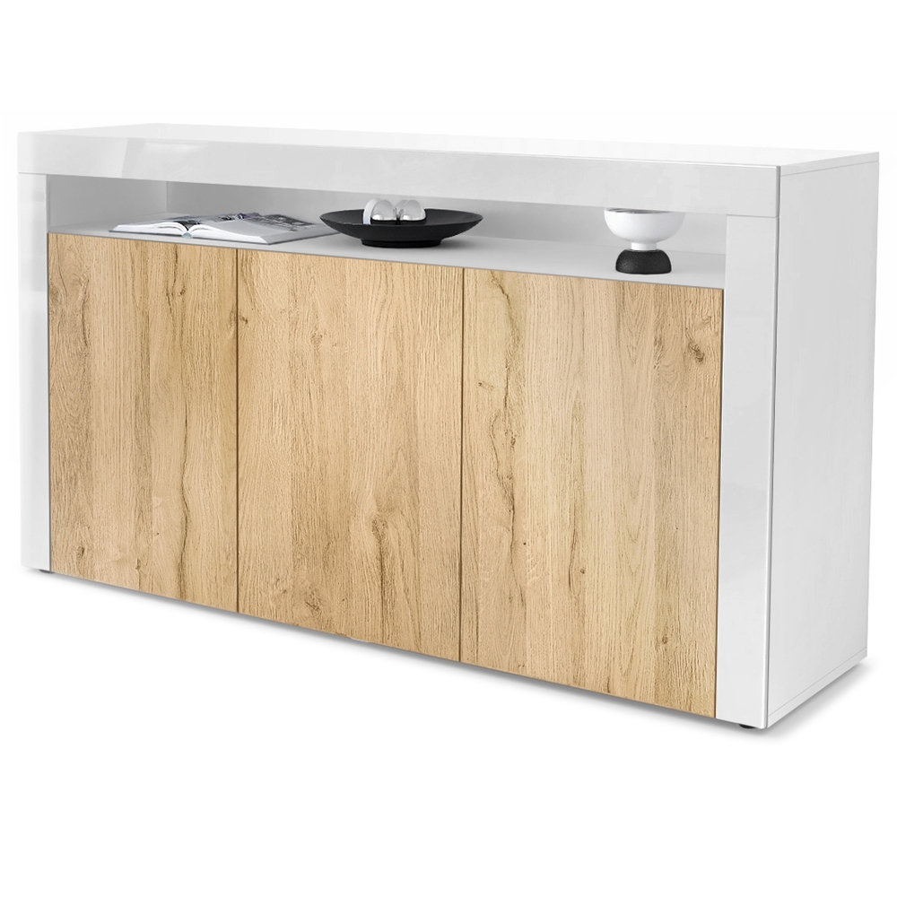 Sideboard Valencia mit 3 Türen und 1 offenem Fach Weiß / Eiche Natur/ (155 x 92 x 40 cm)