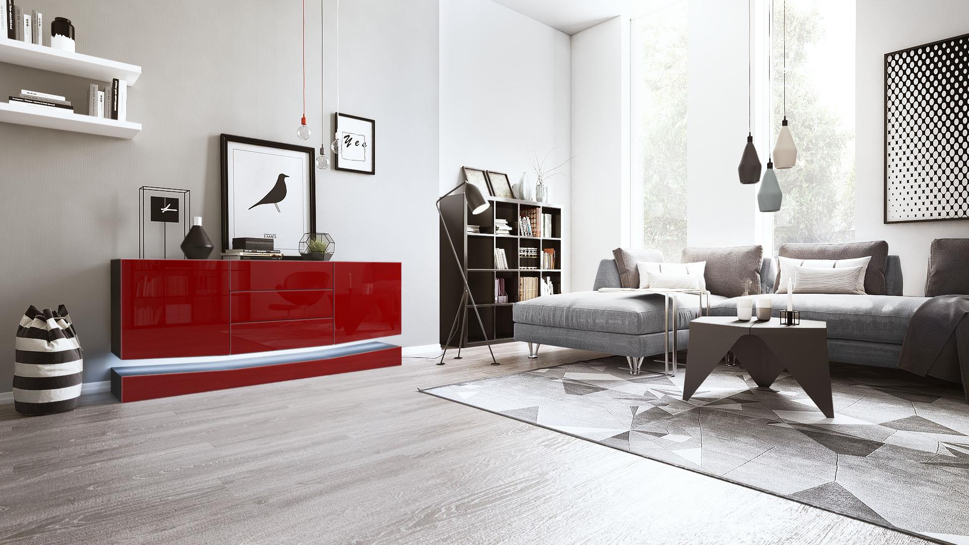 Sideboard City und 3 Schubladen inkl. LED-Beleuchtung,  Schwarz matt/Bordeaux Hochglanz (178 x 72 x 38 cm)