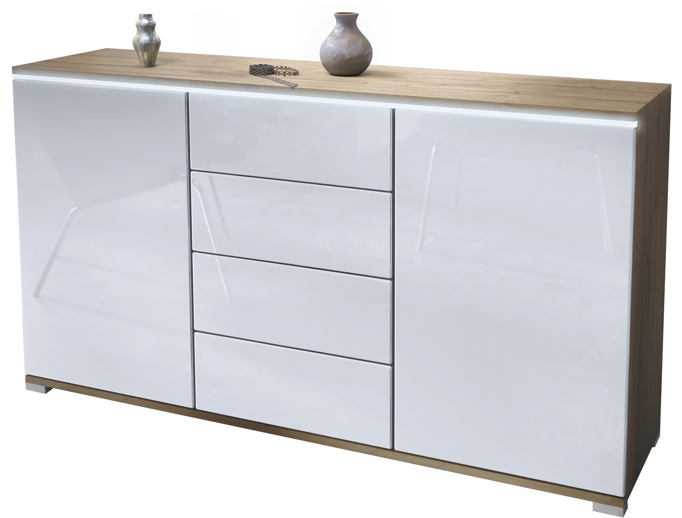 Sideboard Faro V1 Eiche Evoke Schrank mit LED Lichtleiste Eiche Evoke / Weiß Hochglanz (138,5 x 75,5 x 35)
