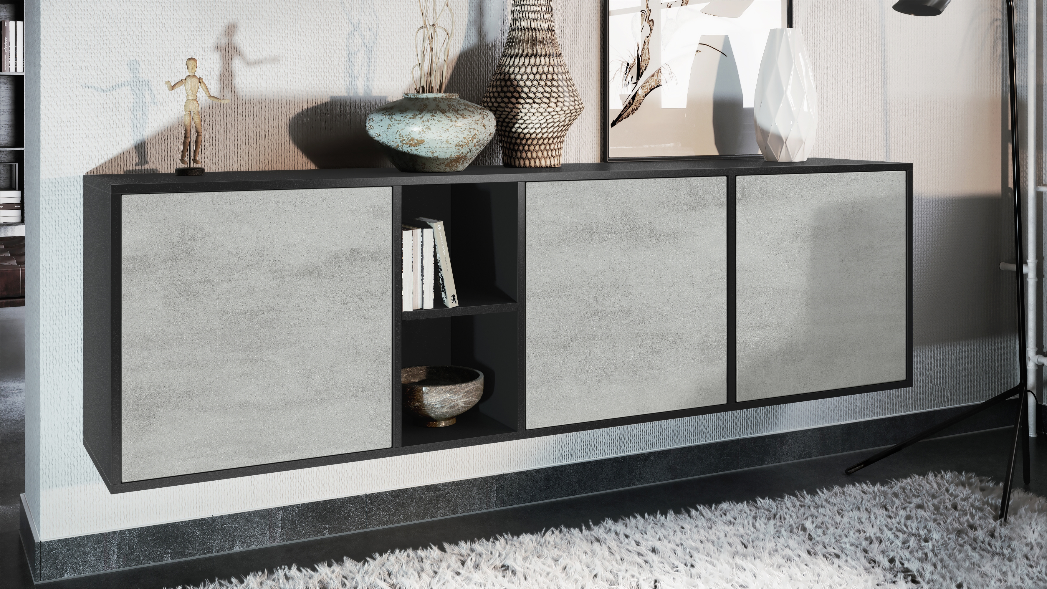 Sideboard Cuba  mit 3 Türen und 2 offene Fächer Schwarz matt/Beton Oxid Optik (182 x 53 x 35 cm)