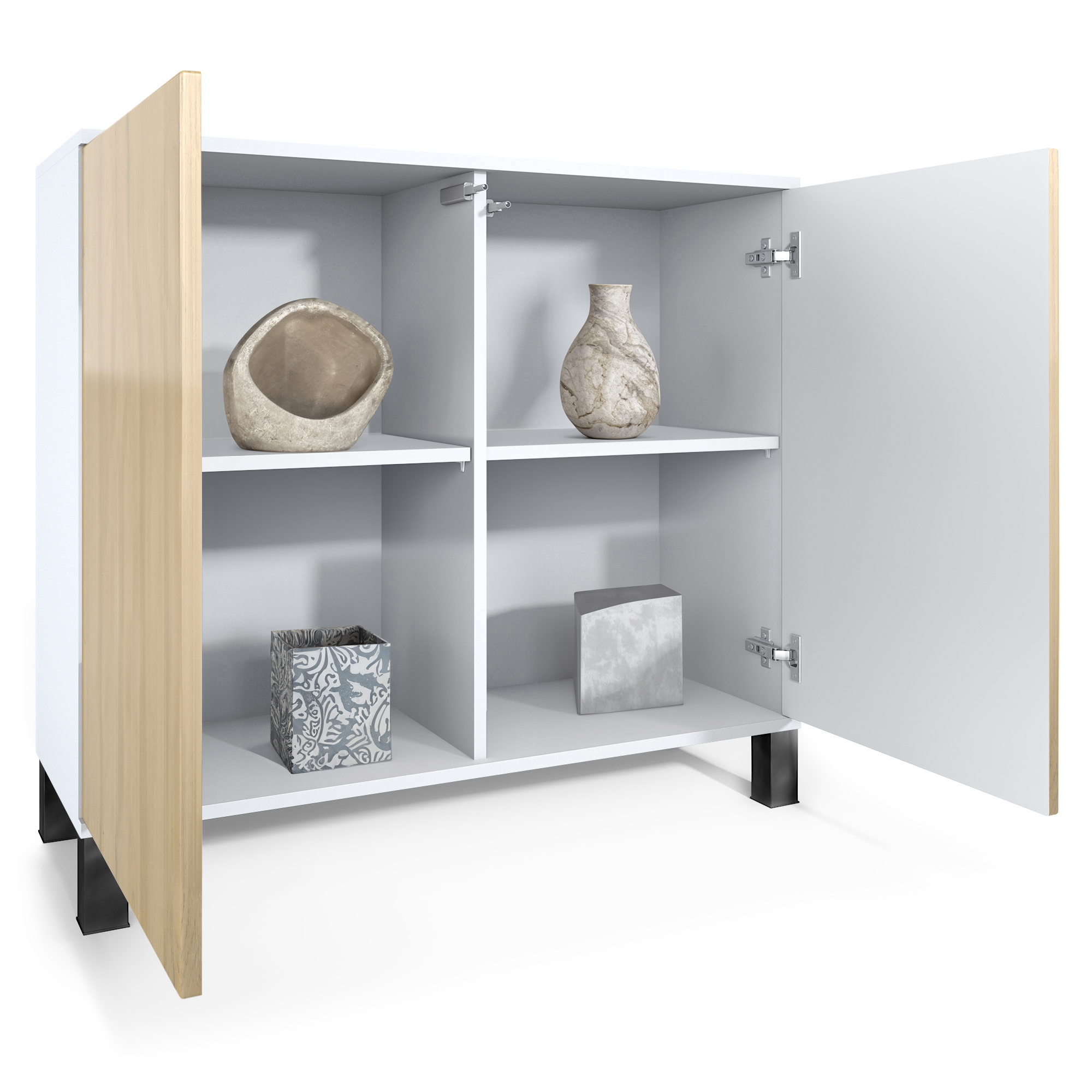 Skadu V3 Kommode Weiß mit 2 großen Türen Weiß matt / Schwarz Hochglanz (92,5 x 84.5 x 35)