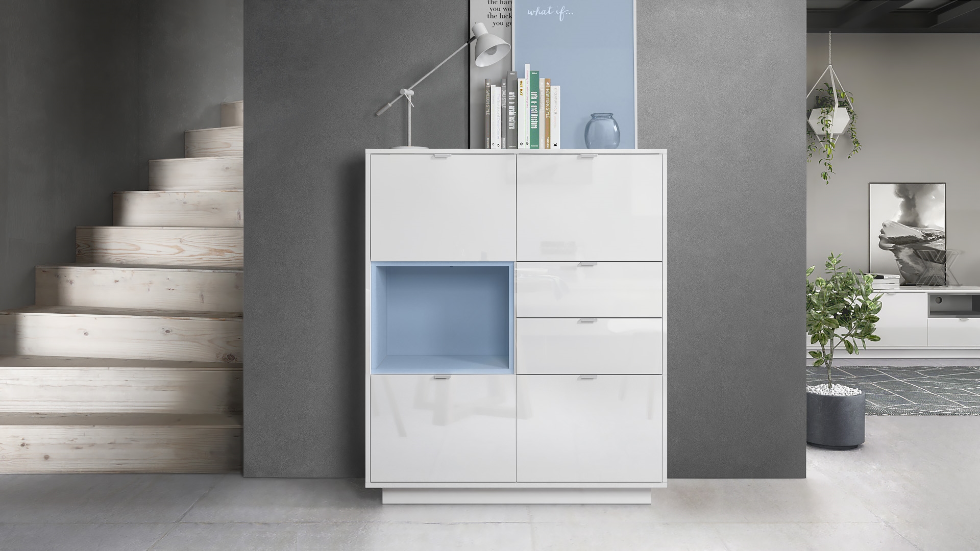 Highboard Metro  mit 4 Türen, 2 Schubladen und 1 offenem Fach Weiß Hochglanz/Denim matt inkl. LED Beleuchtung (103 x 123 x 38 cm)