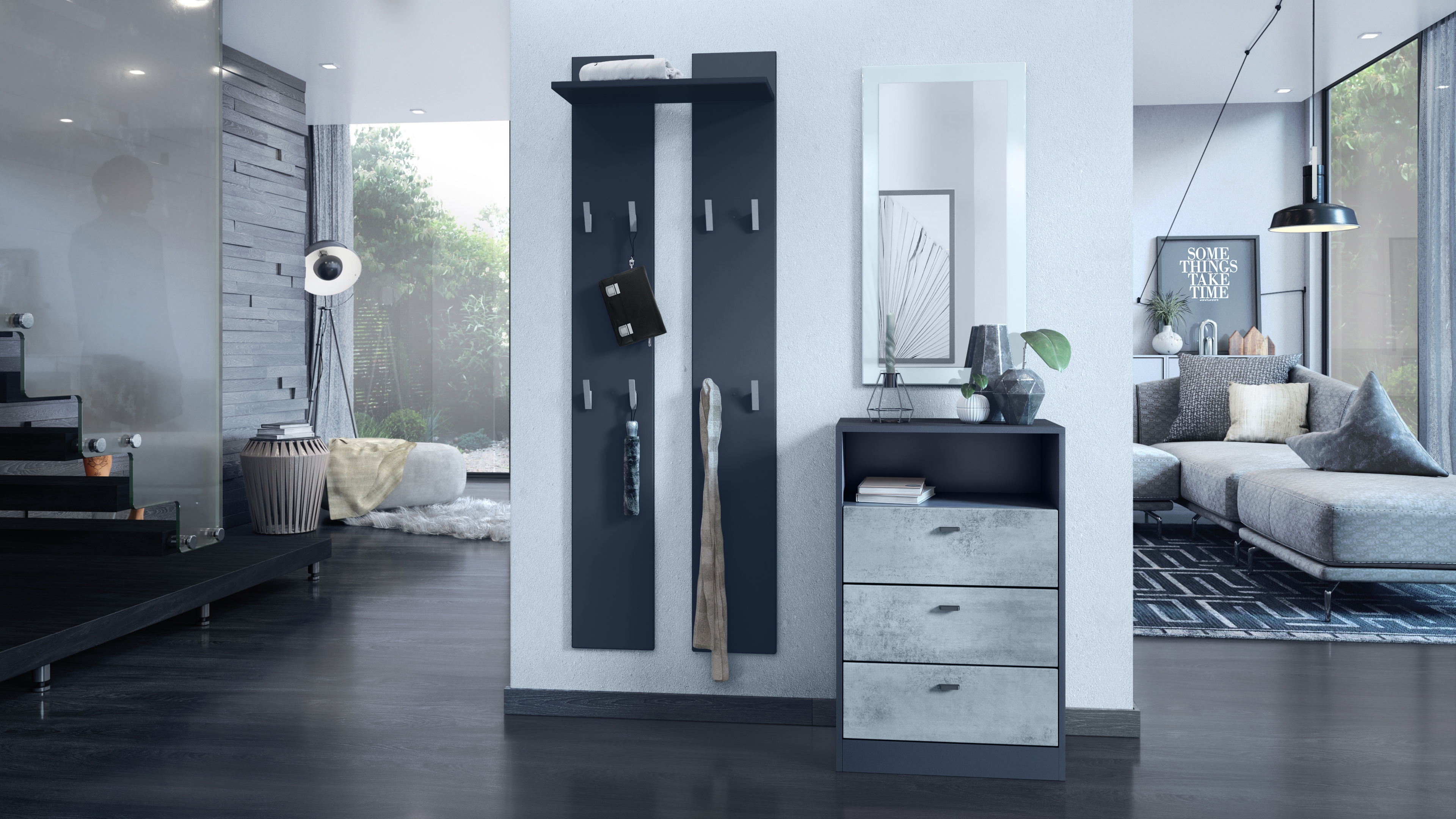 Kommode Pino V2  mit 3 Schubladen & 1 offenem Fach Anthrazit matt/Beton Oxid Optik (56 x 86,5 x 36 cm)