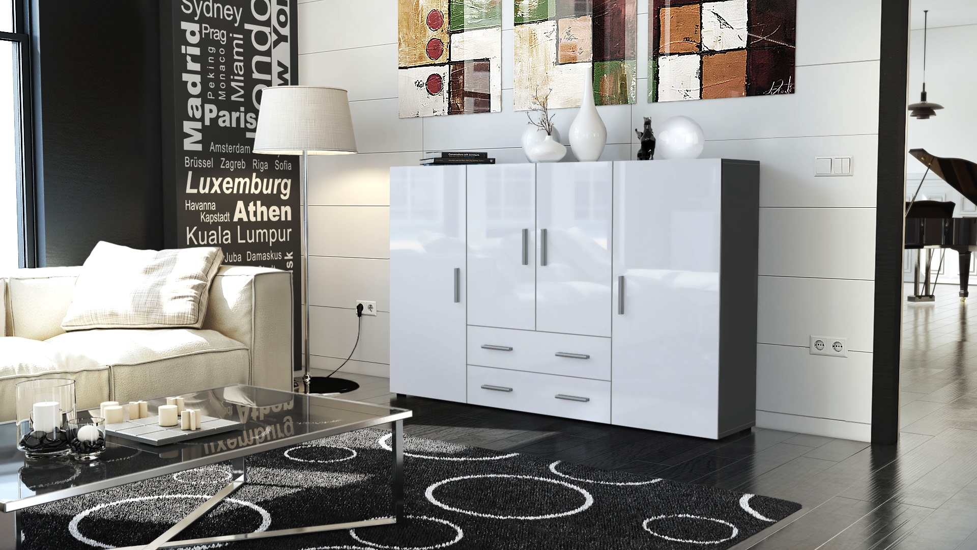 Highboard Nora  mit insgesamt 8 Fächer dahinter Anthrazit matt/Weiß Hochglanz (166,5 x 106,5 x 35 cm)
