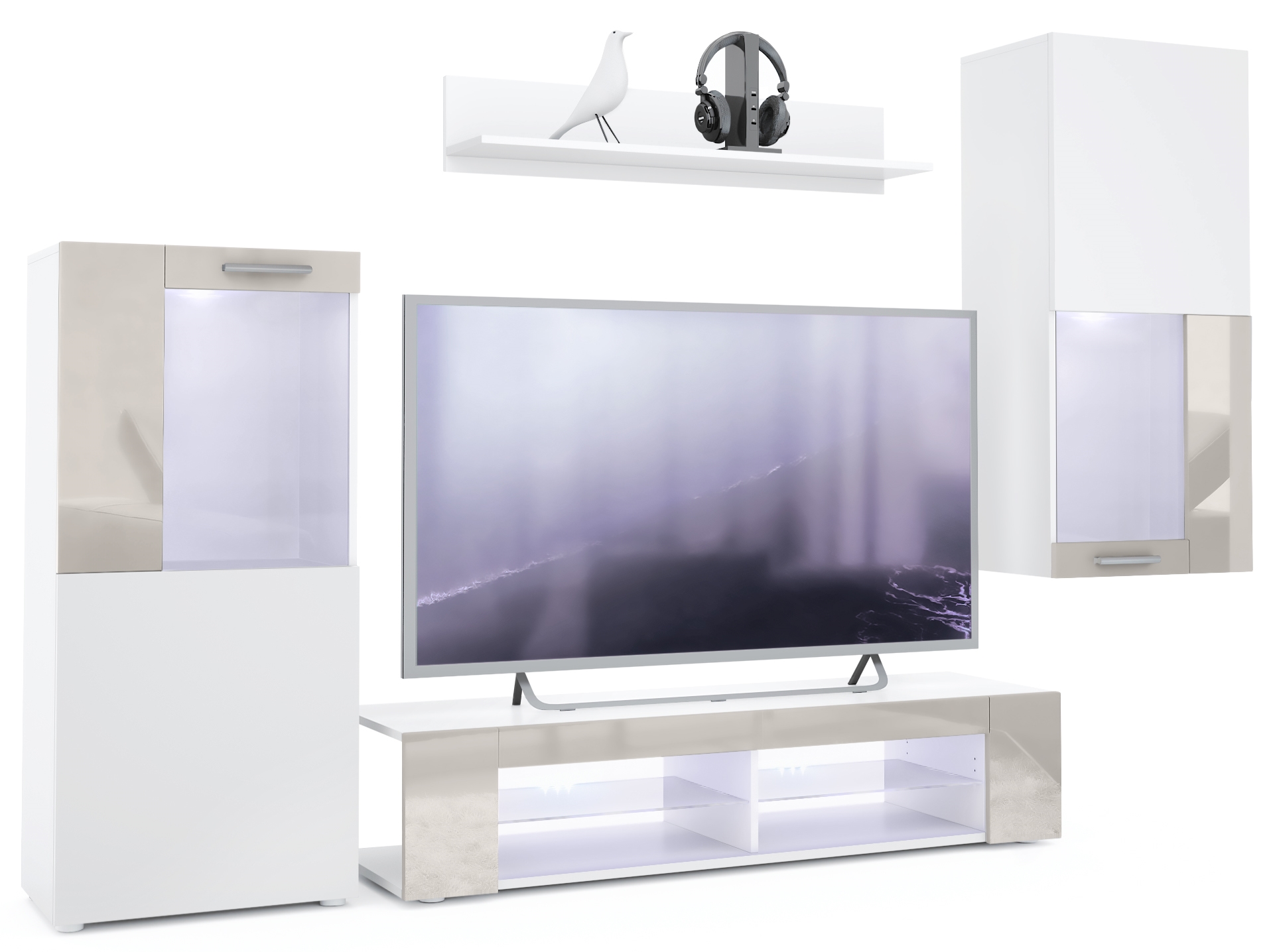 Wohnwand Movie 4-tlg. Weiß mit weißer LED  bestehend aus 1 TV-Board, 2 Vitrinen und 1 Regal Weiß matt/Weiß matt/Sandgrau Hochglanz mit Beleuchtung (300x190x39 cm)