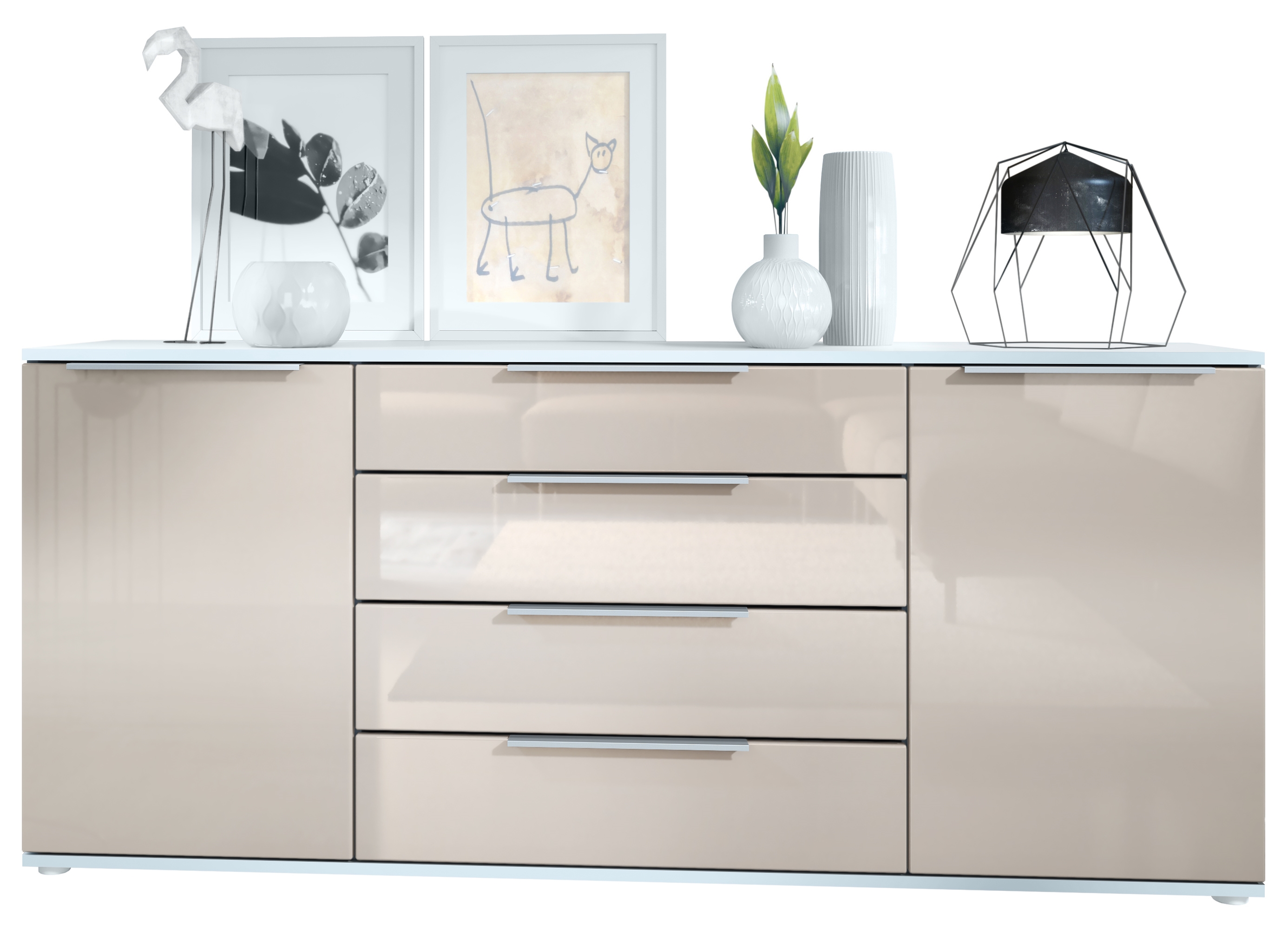 Porto V2 Sideboard mit 2 Türen und 4 Schubladen Weiß matt/Sandgrau Hochglanz (166,5 x 72,5 x 35 cm)
