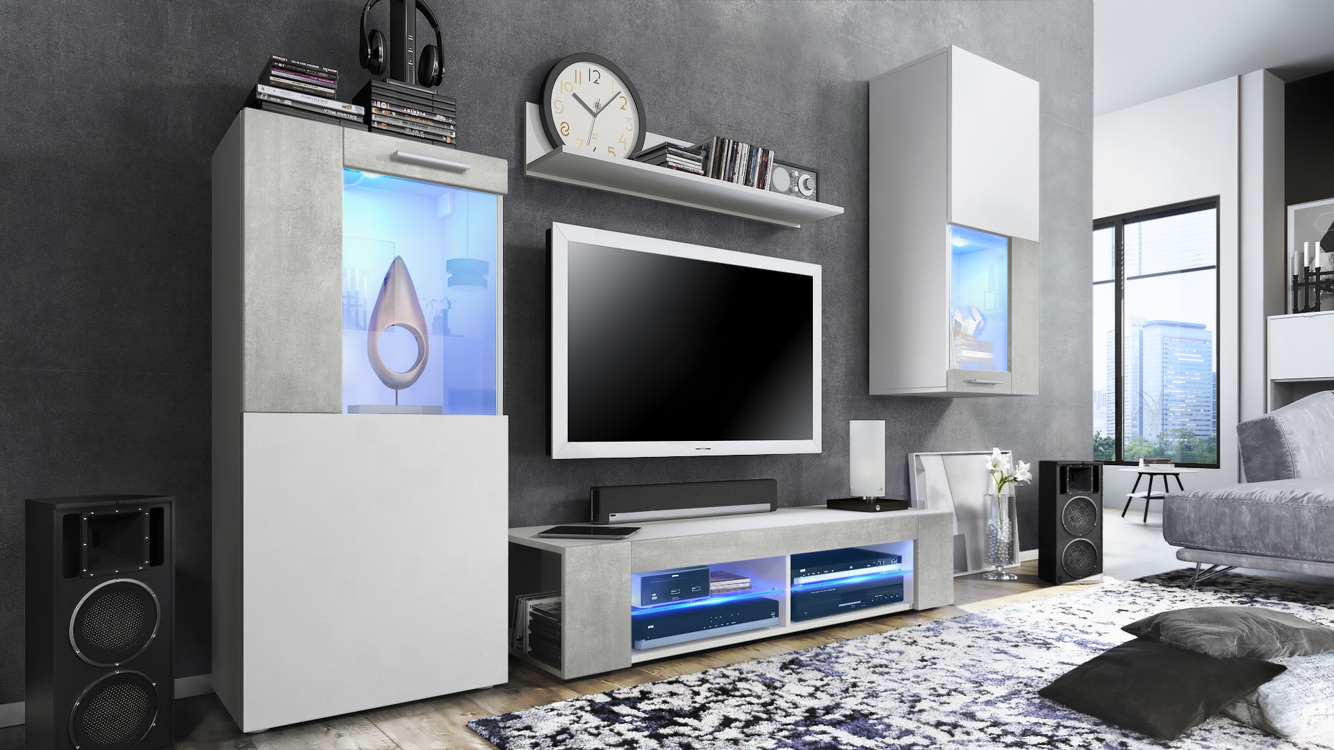 Wohnwand Movie 4-tlg. Weiß mit blauer LED  bestehend aus 1 TV-Board, 2 Vitrinen und 1 Regal Weiß matt/Beton Oxid-Optik, inkl. LED Beleuchtung blau (300x190x39 cm)