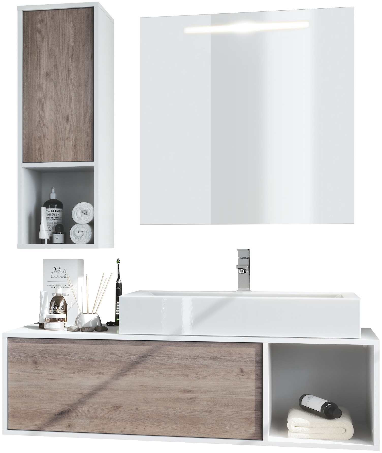 Badmöbel-Set La Costa LED-Spiegel, Waschbecken und Armatur Korpus Weiß matt/Fronten Eiche Nordic (‎126,5 x 195 x 46 cm)