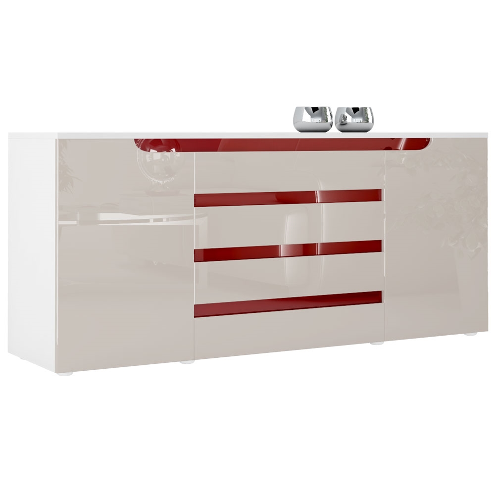 Sideboard Sylt V2 mit 2 Türen und 4 Schubladen Weiß matt/Sandgrau Hochglanz/Bordeaux Hochglanz (166 x 72 x 35)