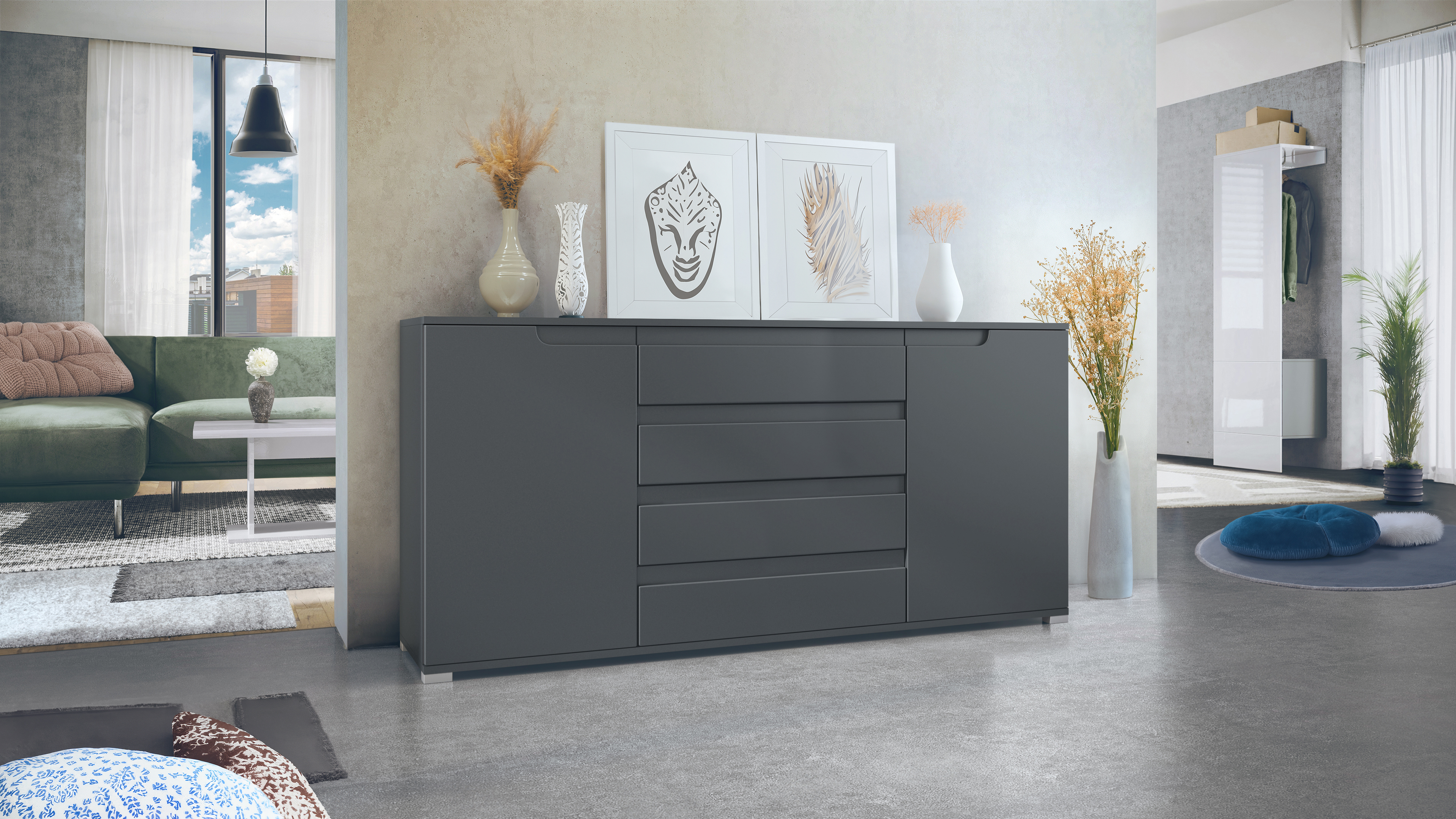 Sideboard Sylt V2 Anthrazit Korpus - Anthrazit matt / Front - Anthrazit matt / Absetzung - Anthrazit matt (166,5 x 75,5 x 35 cm)