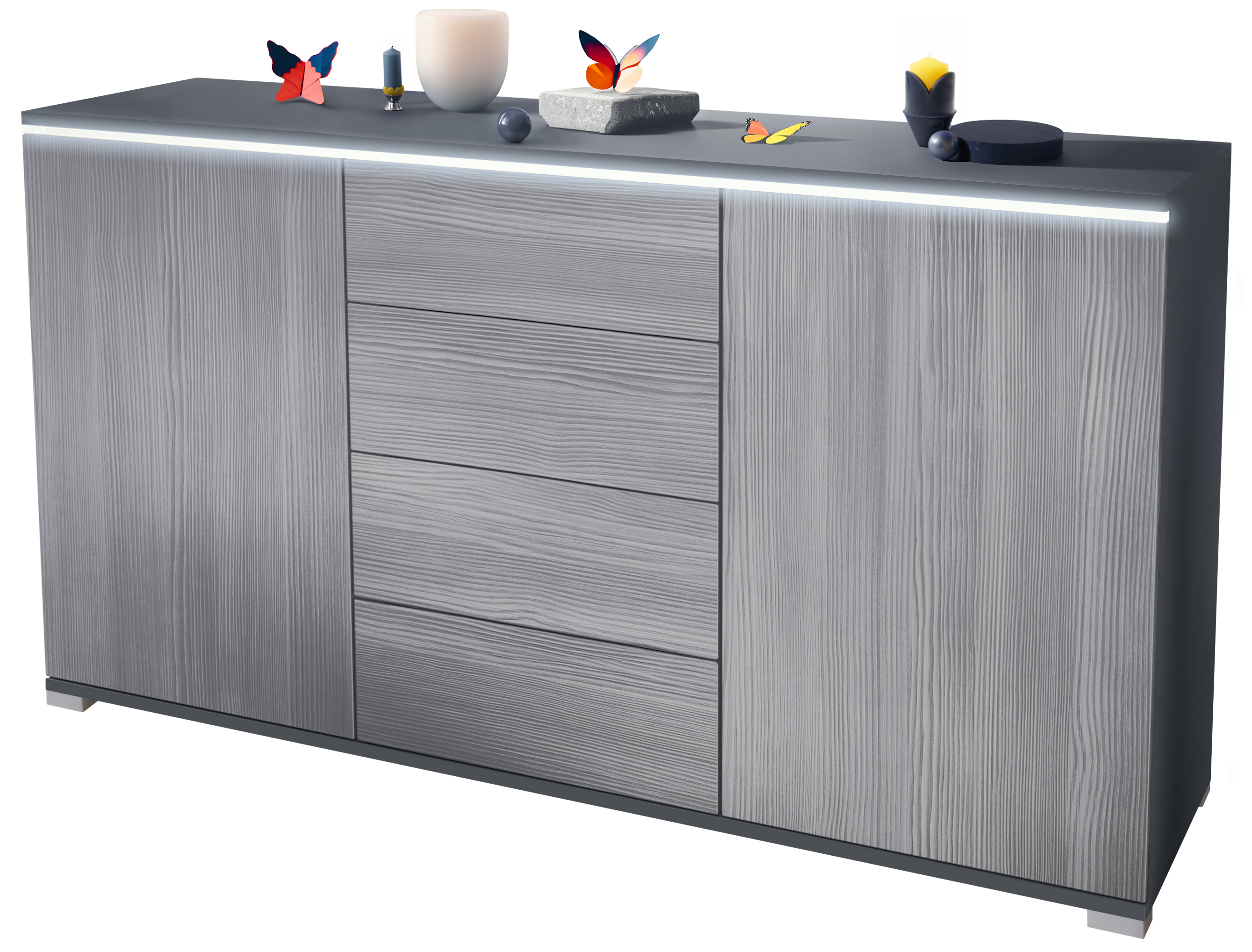 Sideboard Faro V1 Anthrazit Schrank mit LED Lichtleiste Anthrazit matt / Avola-Anthrazit (138,5 x 75,5 x 35)