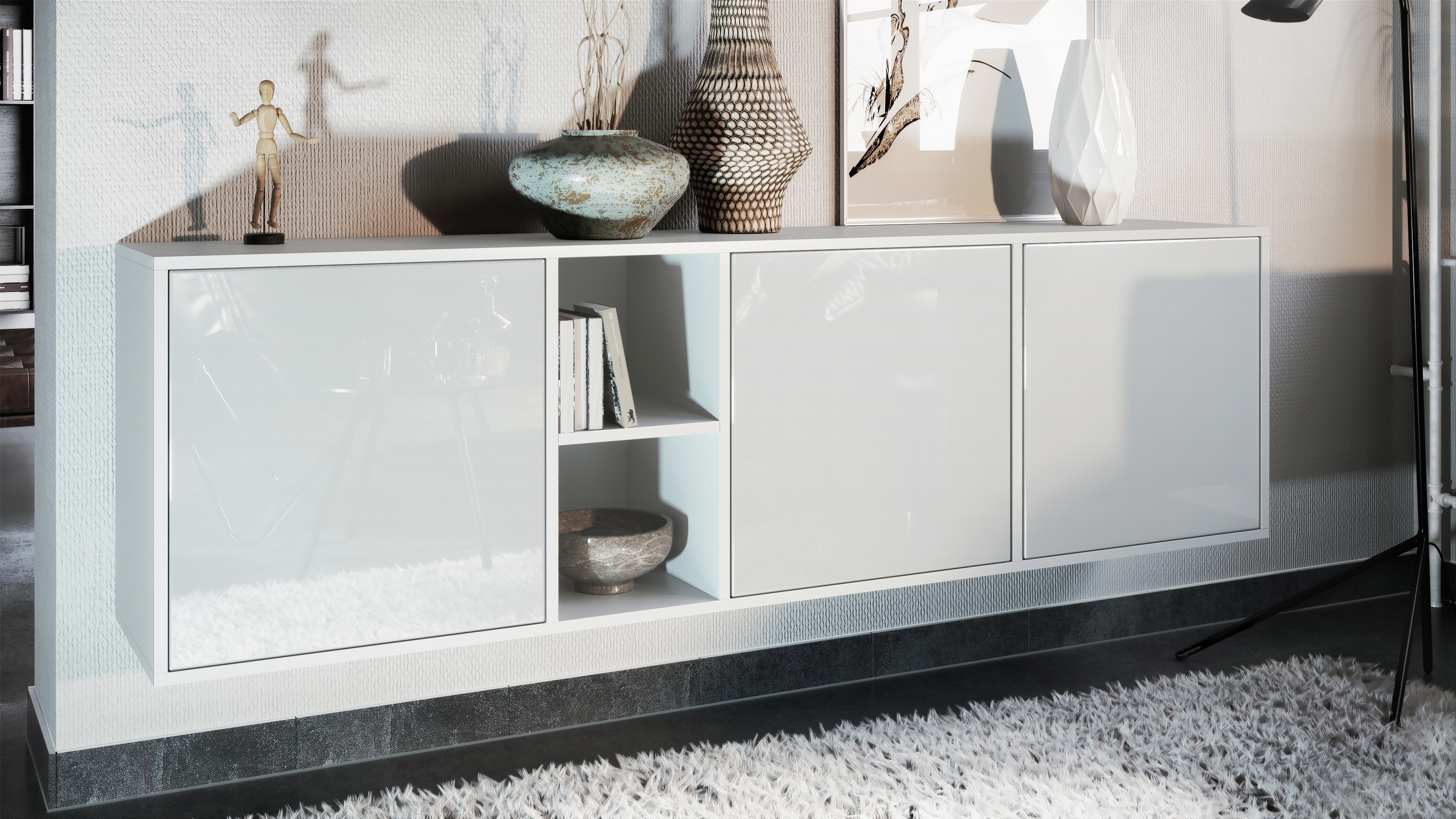 Sideboard Cuba  mit 3 Türen und 2 offene Fächer Weiß matt/Weiß Hochglanz (182 x 53 x 35 cm)