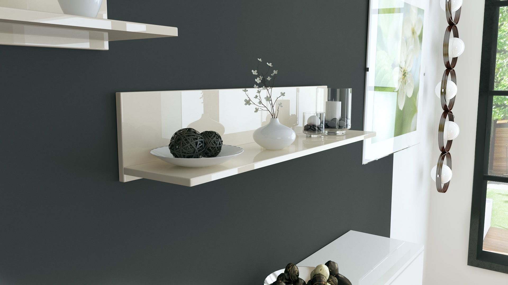 Wandregal Skadu mit praktischer Ablage Creme Hochglanz (97,5 x 18,5 x 18,5 cm)
