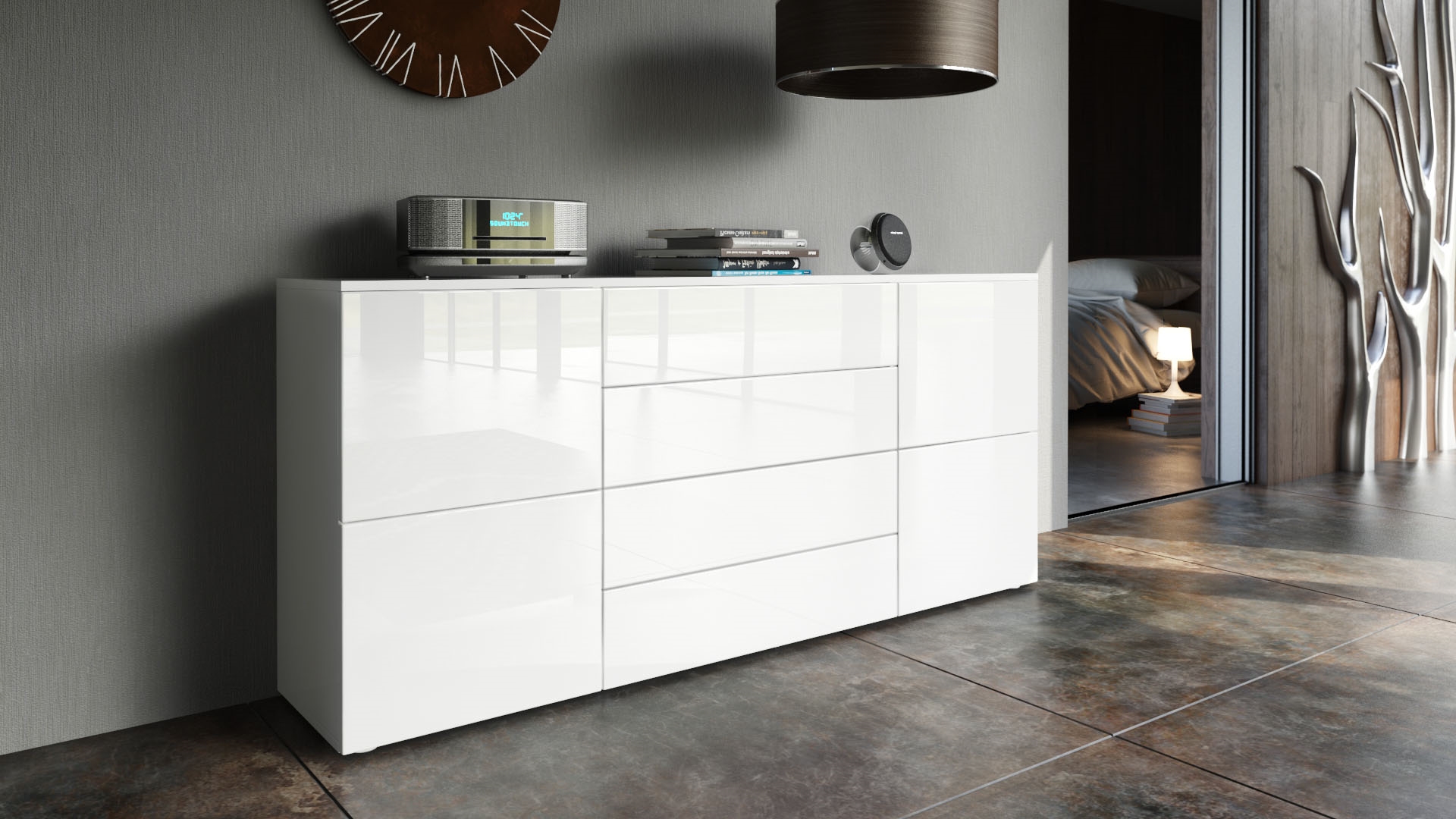 Sideboard Rova mit 4 Türen und 4 Schubladen Weiß matt/Weiß Hochglanz (166 x 72 x 35 cm)