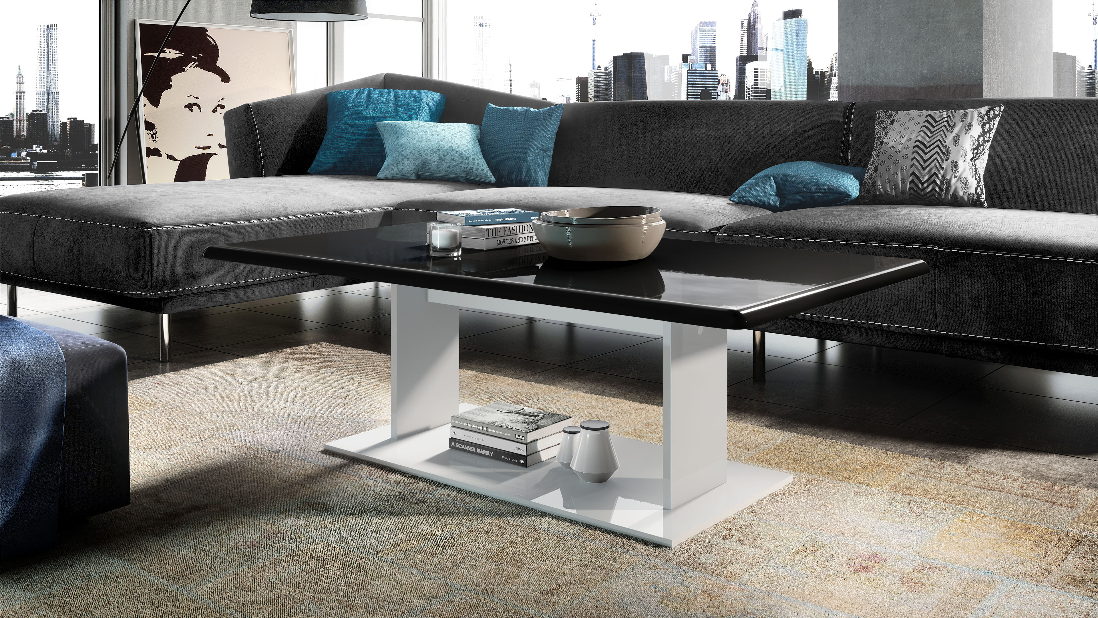 Tisch Mono  mit Ablageboden Weiß matt/Schwarz Hochglanz (120 x 40 x 70)