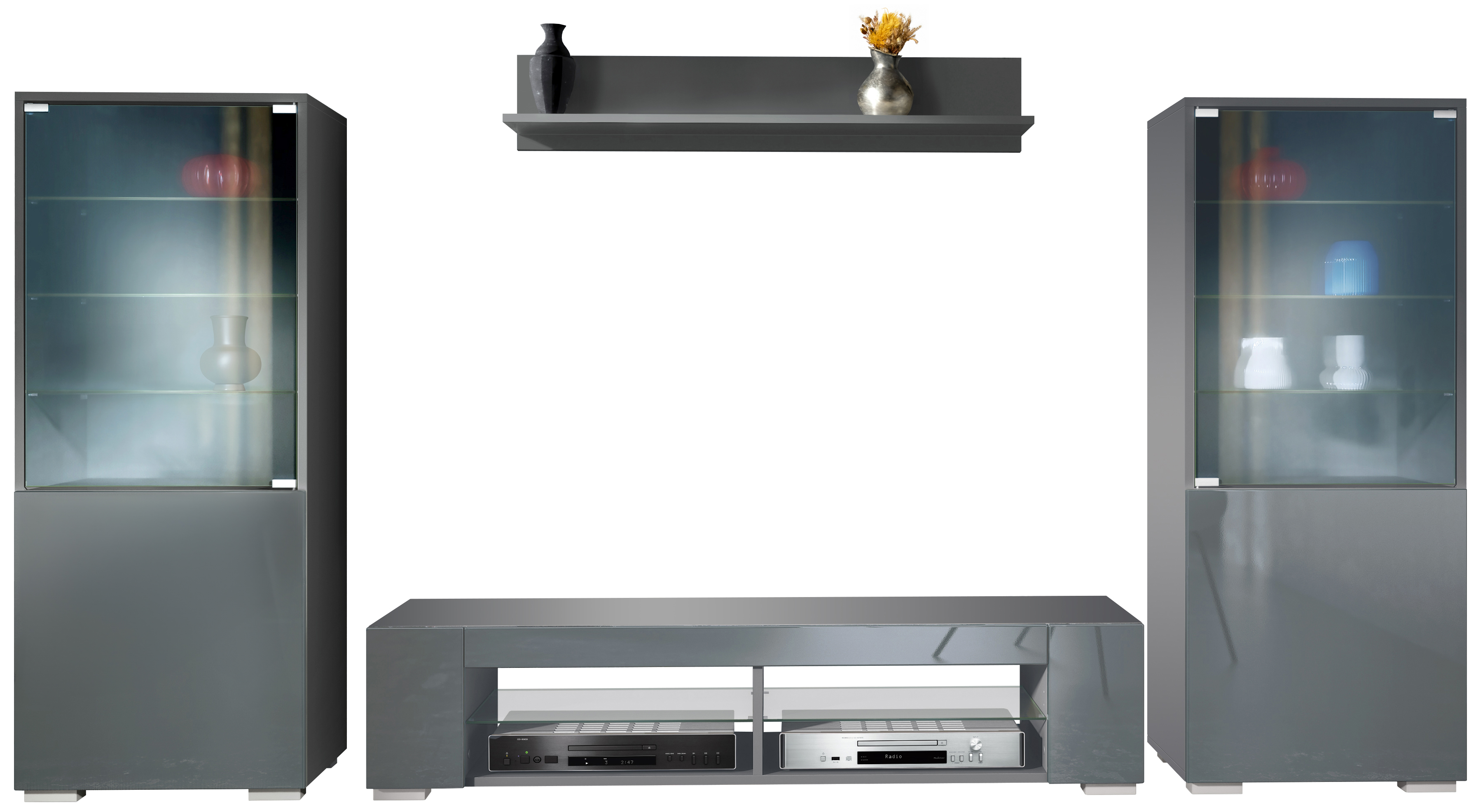 Wohnwand 4-tlg. Nevada V2 Anthrazit bestehend aus 2 Vitrinen, 1 TV-Board und 1 Wandregal Anthrazit matt/Grau Hochglanz (304,5 x 141 x 39 cm) Wohnwand 4-tlg. Nevada V2 Anthrazit bestehend aus 2 Vitrinen, 1 TV-Board und 1 Wandregal Anthrazit matt/Grau Hochglanz (304,5 x 141 x 39 cm)
