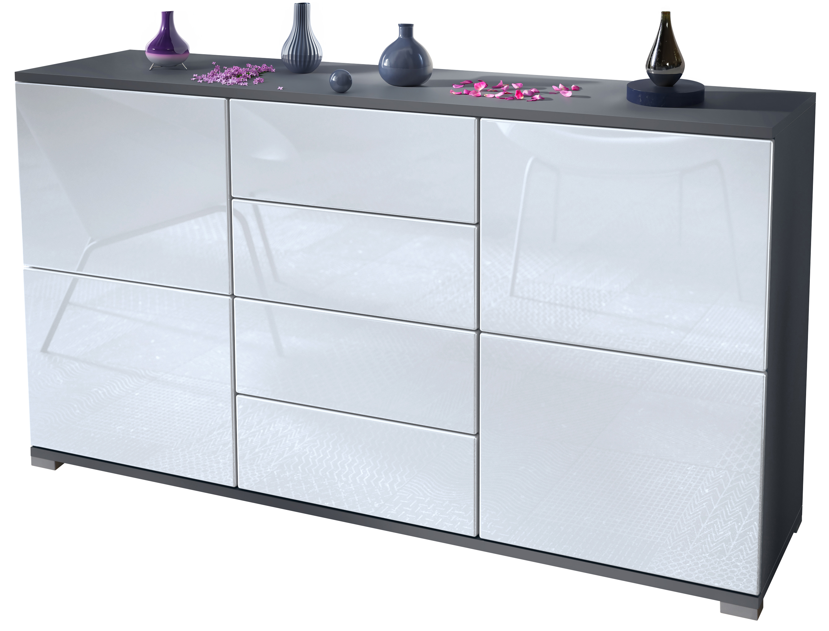 Sideboard Rova V1 4 Schubladen, Made in Germany, Anthrazit matt/Weiß Hochglanz (138,5 x 75,5 x 35)