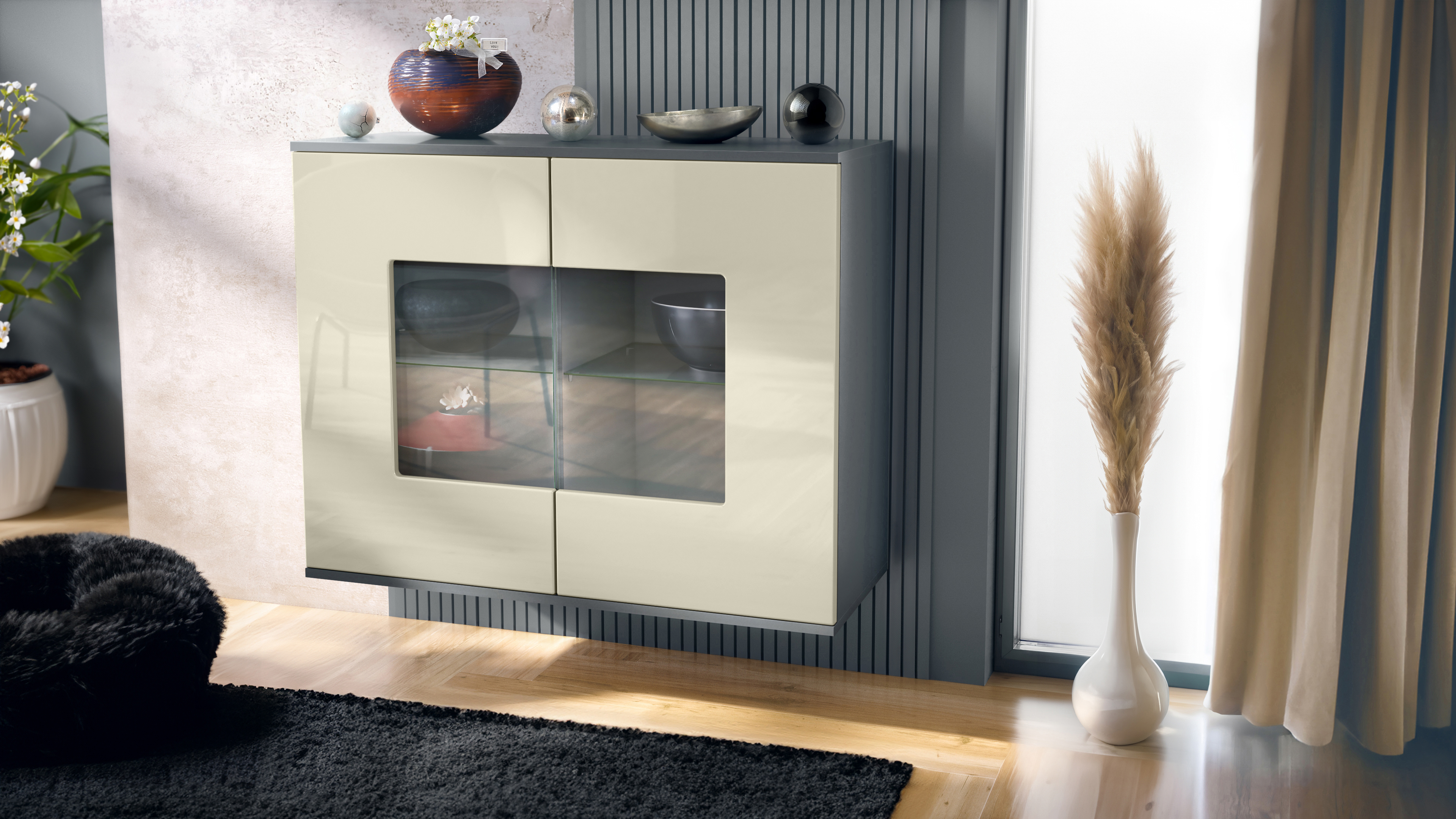 Grömitz V3 Kommode Anthrazit mit 2 großen Glastüren Anthrazit matt / Creme Hochglanz (92,5 x 73.5 x 35)
