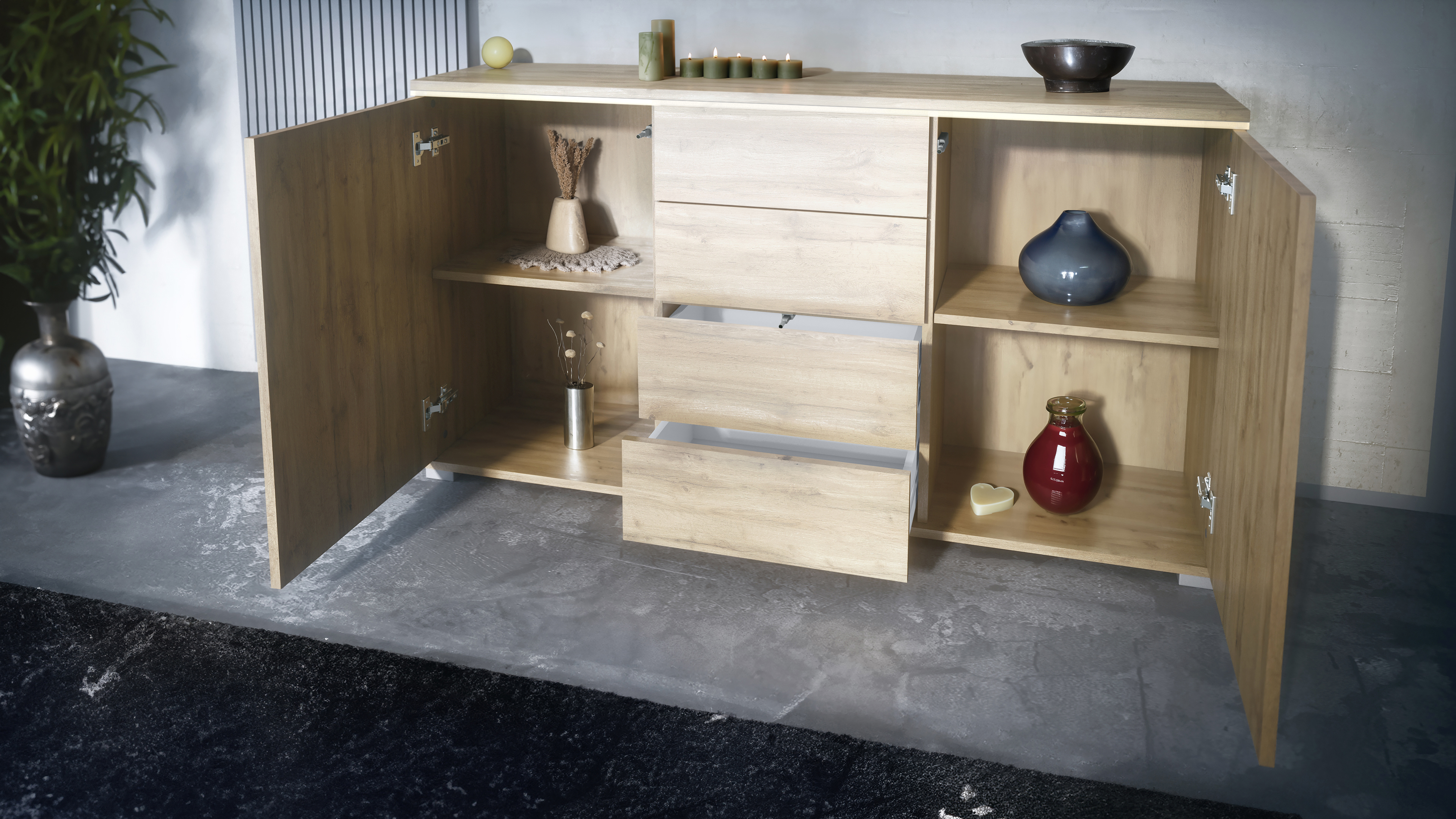 Sideboard Faro V1 Eiche Evoke Schrank mit LED Lichtleiste Eiche Evoke / Schwarz Hochglanz (138,5 x 75,5 x 35)