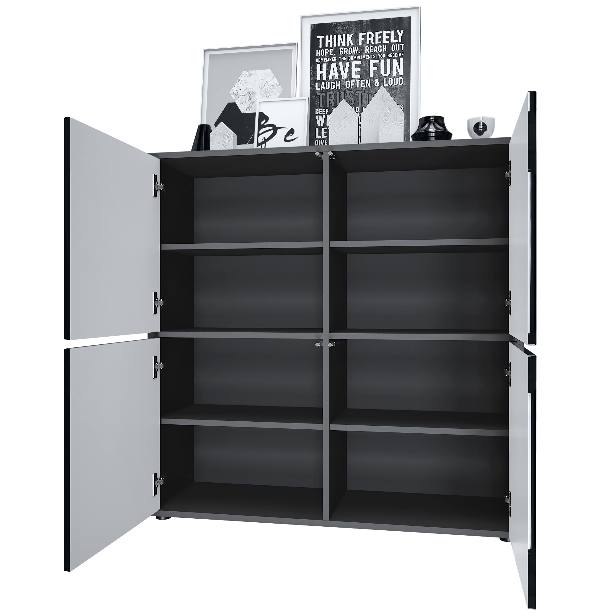 Highboard Cuba V2 Sideboard mit 4 Push-to-Open Türen, Made in Germany Schwarz matt / Eiche sägerau (104 x 105,5 x 35,5 cm)
