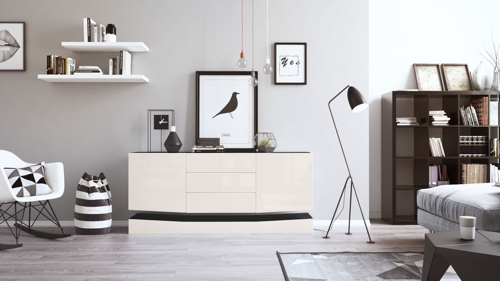 Sideboard City  mit 2 Türen und 3 Schubladen Schwarz matt/Creme Hochglanz (178 x 72 x 38 cm)