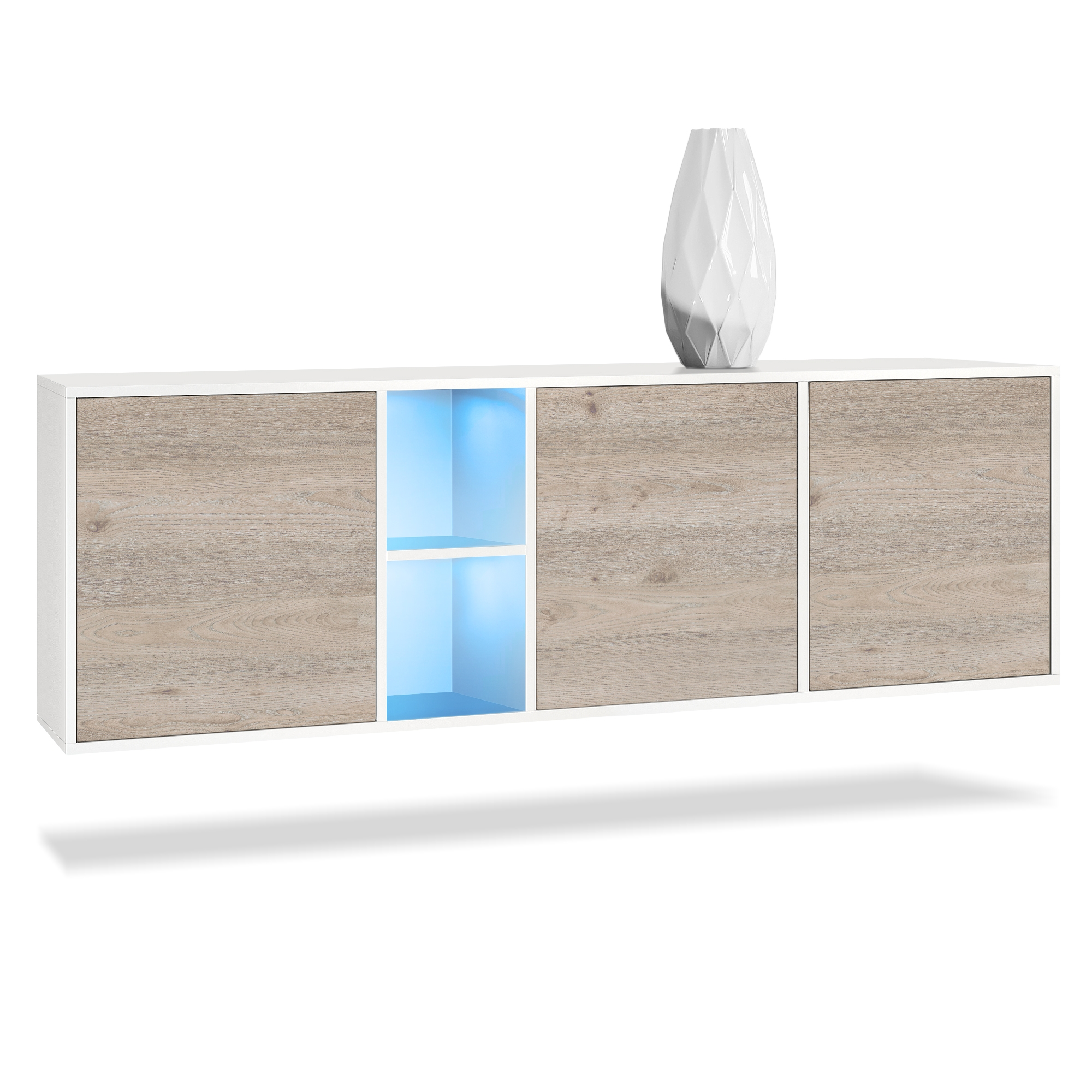 Sideboard Cuba  mit 3 Türen und 2 offene Fächer Weiß matt/Eiche Nordic inkl. LED-Beleuchtung (182 x 53 x 35 cm)