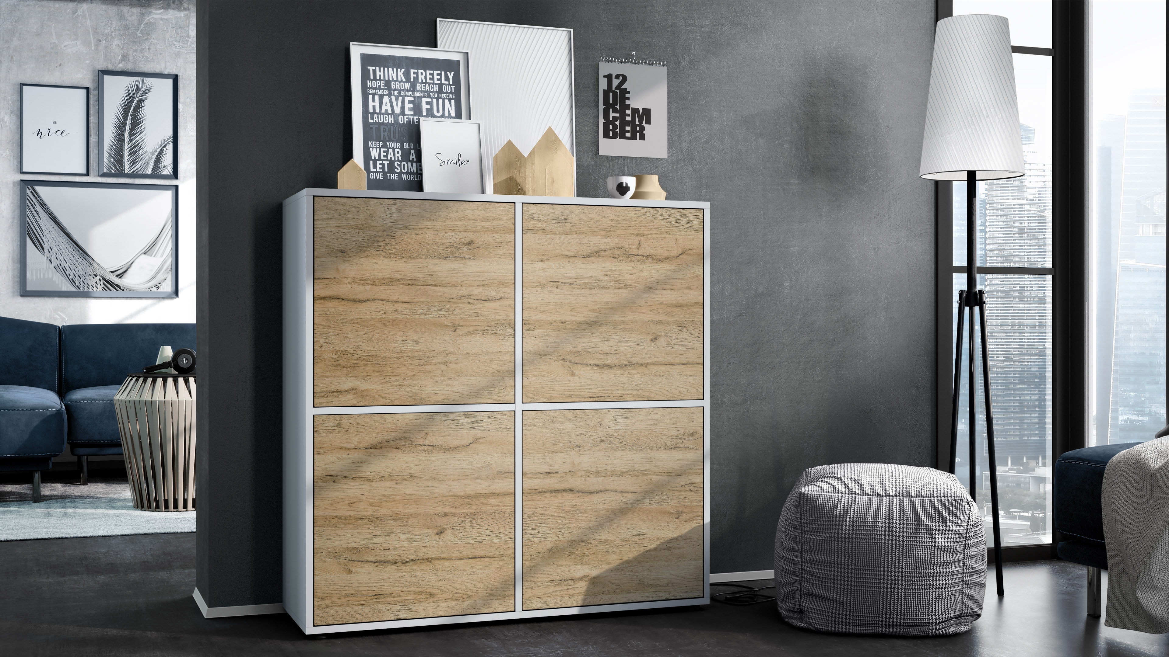 Highboard Cuba V2 Sideboard mit 4 Türen Push-to-Open, Made in Germany Weiß matt / Eiche Natur (104 x 105,5 x 35,5 cm)