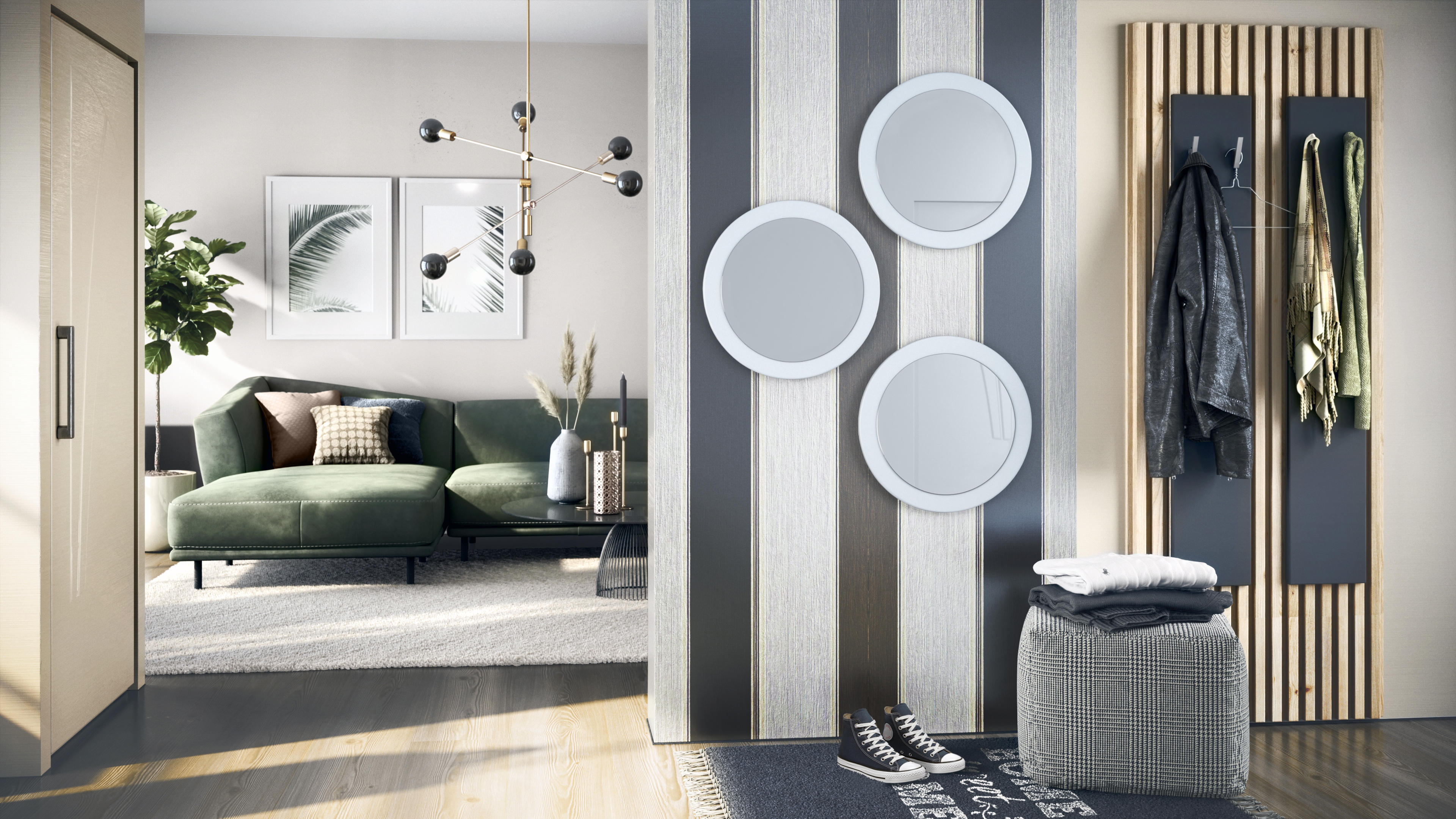 Globe Spiegel 3er Set für Flur und Wohnzimmer mit MDF-Rahmen in Weiß matt (50 cm Durchmesser)