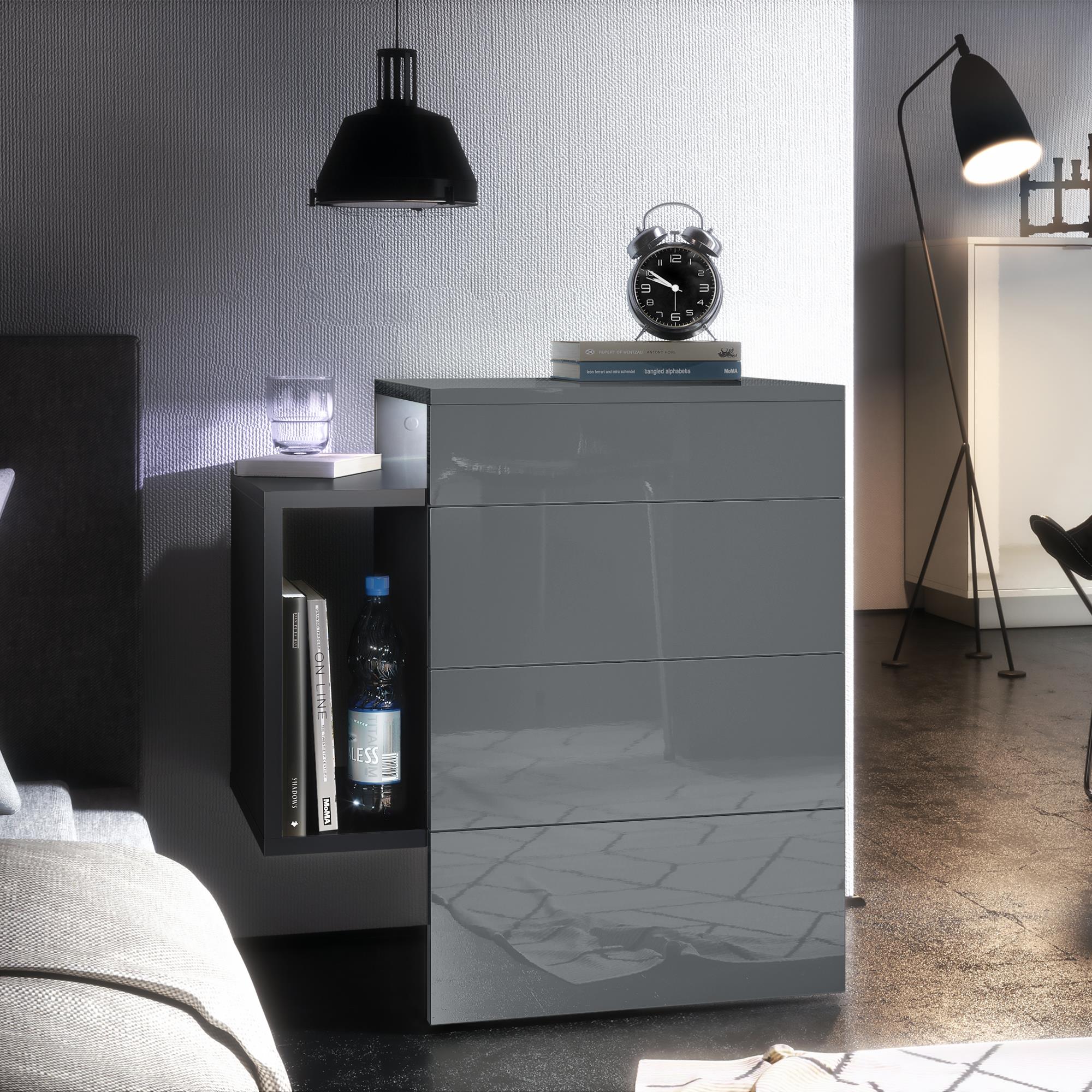 Nachttisch Queens und 1 seitlichem Fach zur Wandmontage Schwarz matt/Grau Hochglanz inkl. LED-Unterbaustrahler (60x63x36 cm)