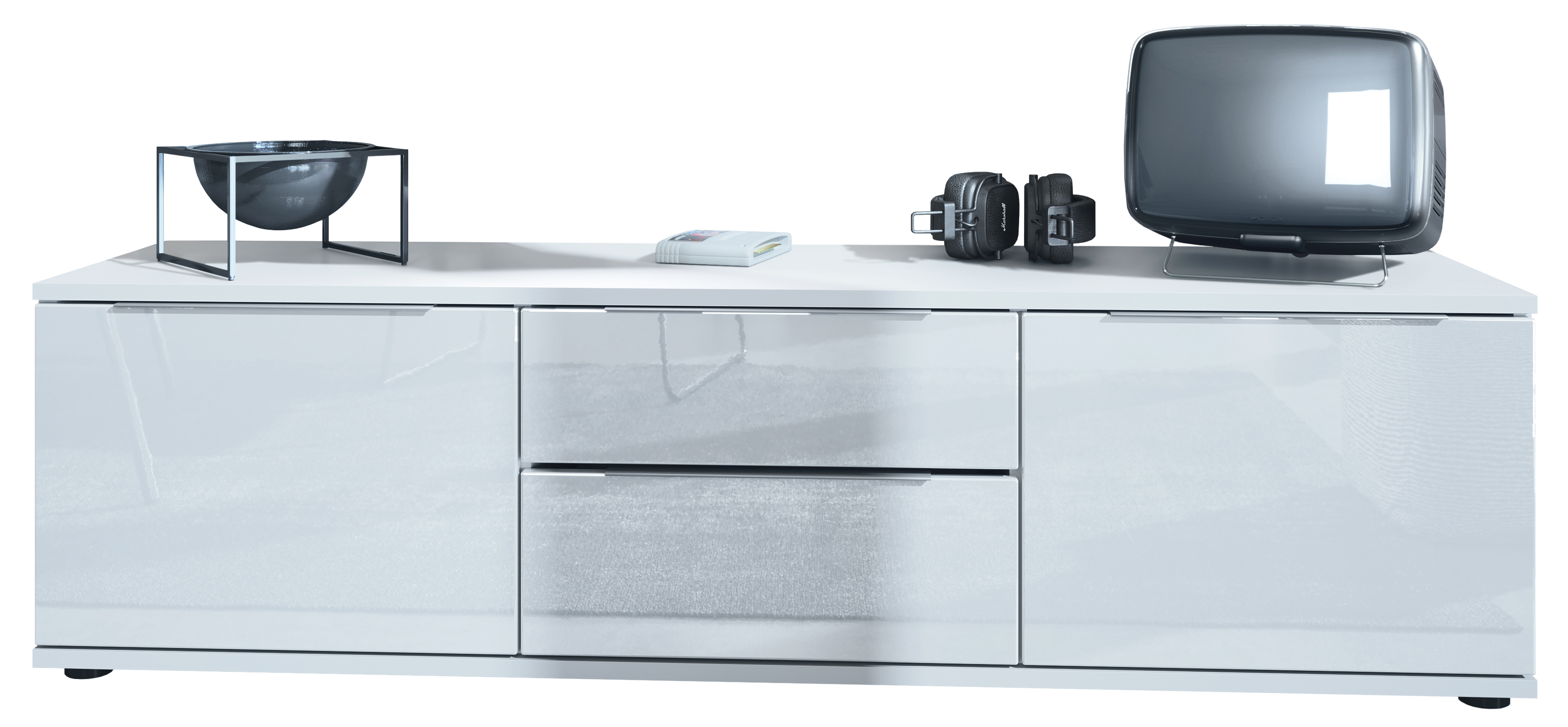 Linio V1 Lowboard  mit 2 Türen und Schubladen Weiß / Weiß Hochglanz (138,5 x 37,5 x 35 cm)