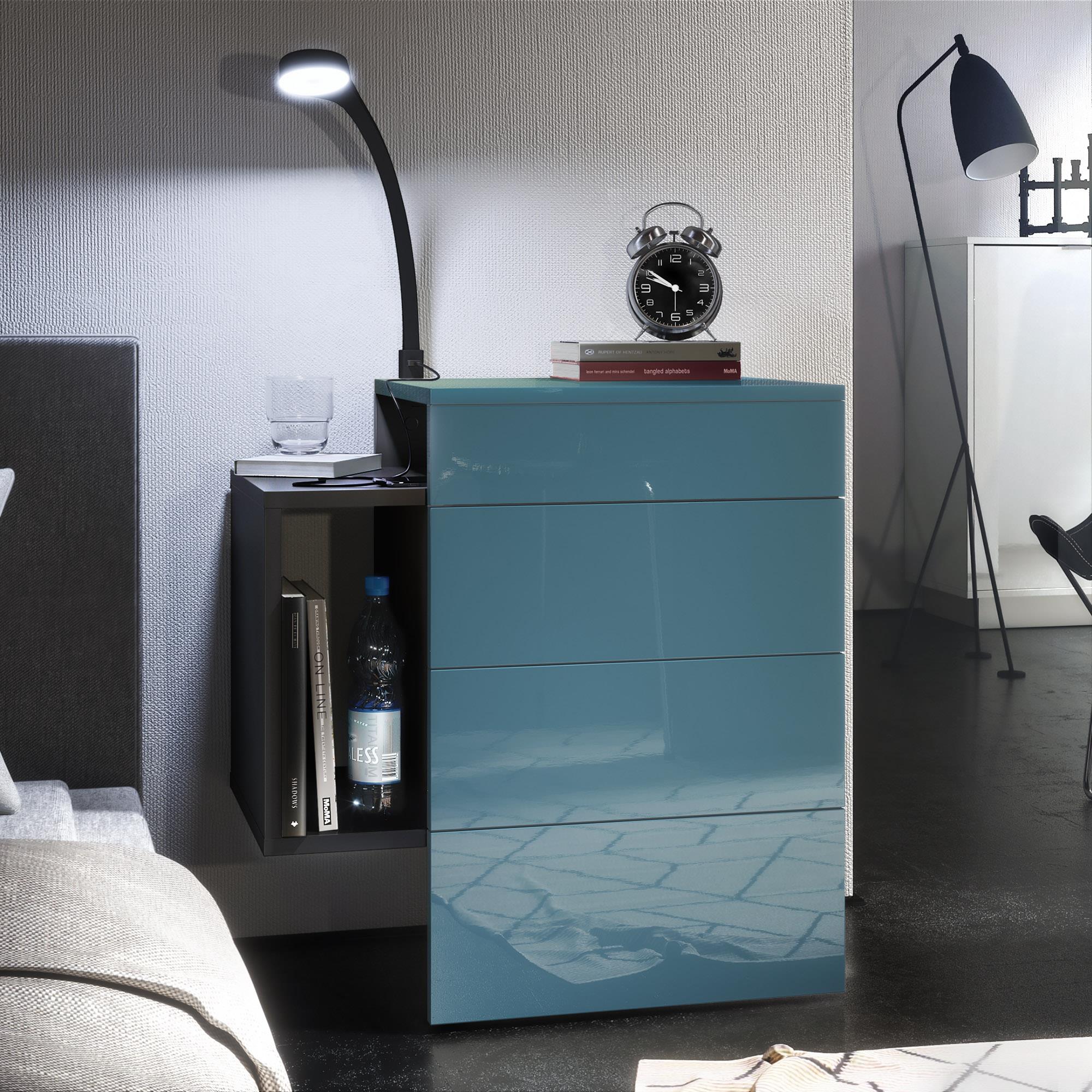 Nachttisch Queens und 1 seitlichem Fach zur Wandmontage Schwarz matt/Petrol Hochglanz inkl. LED Flexi Lampe (60 x 63 x 36 cm)