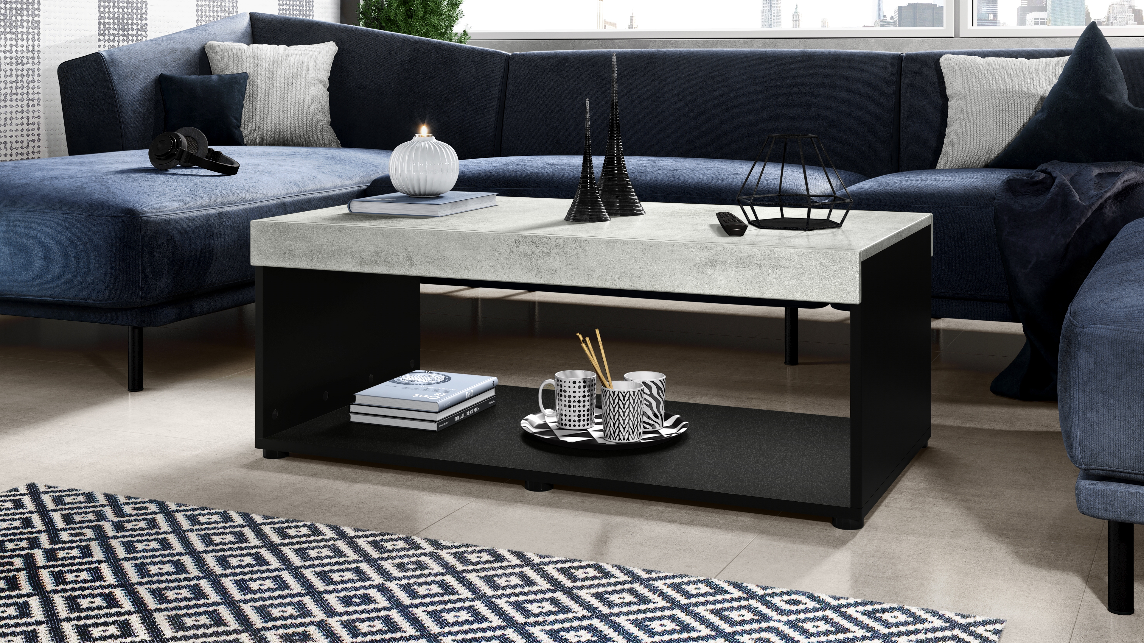 Couchtisch Pure  in Kastenform Schwarz matt/Beton Oxid-Optik (104 x 40,5 x 58 cm)