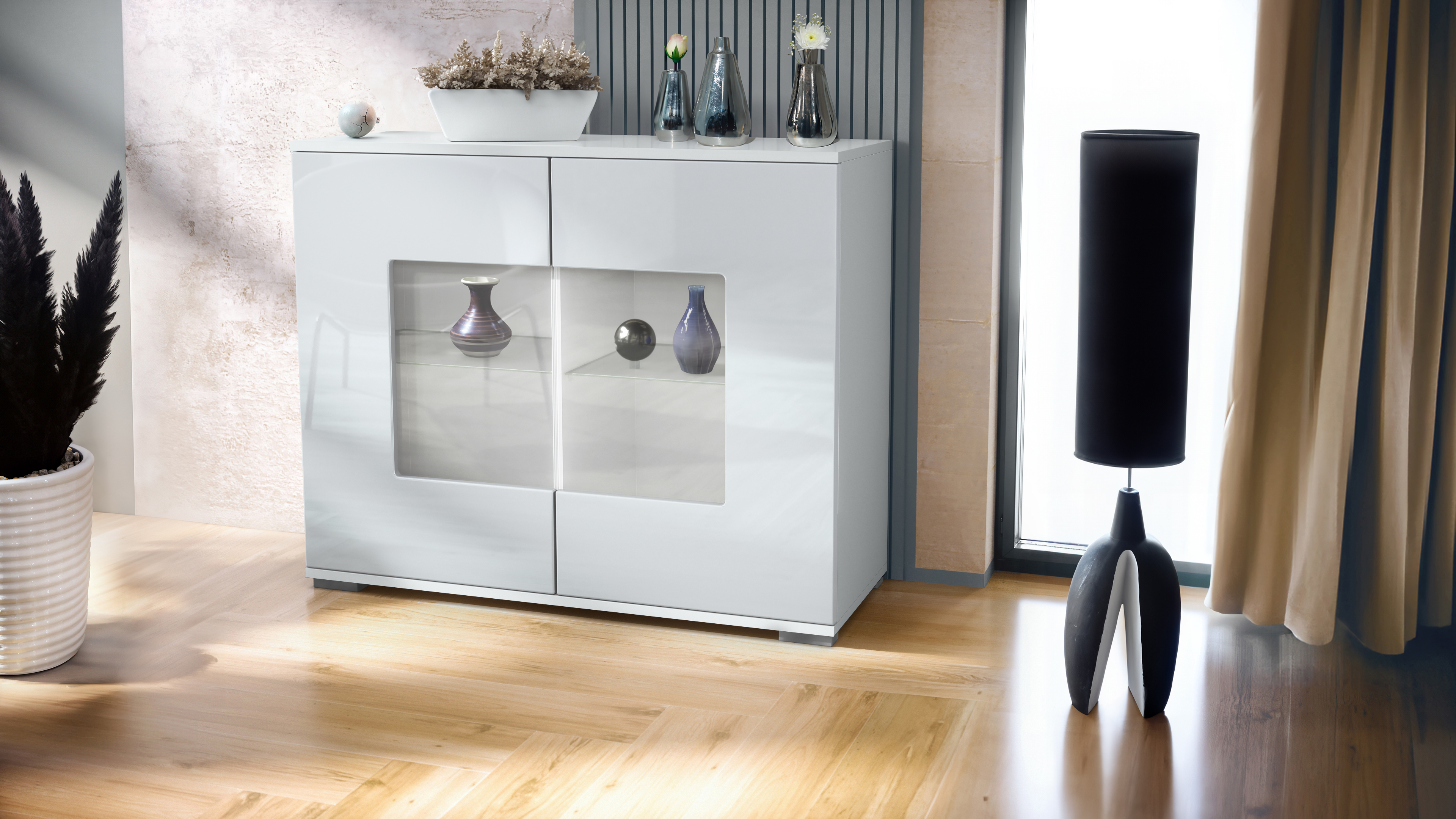 Grömitz V3 Kommode Weiß mit 2 großen Glastüren Weiß matt / Weiß Hochglanz (92,5 x 75.5 x 35)