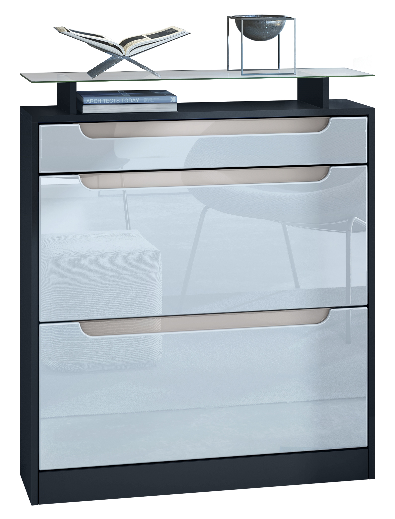 Fiesta Schuhschrank mit 2 Klappen, 1 Schublade und Glasablage Schwarz matt/Weiß glänzend, Mulden in Sandgrau glänzend (89x104x23 cm)