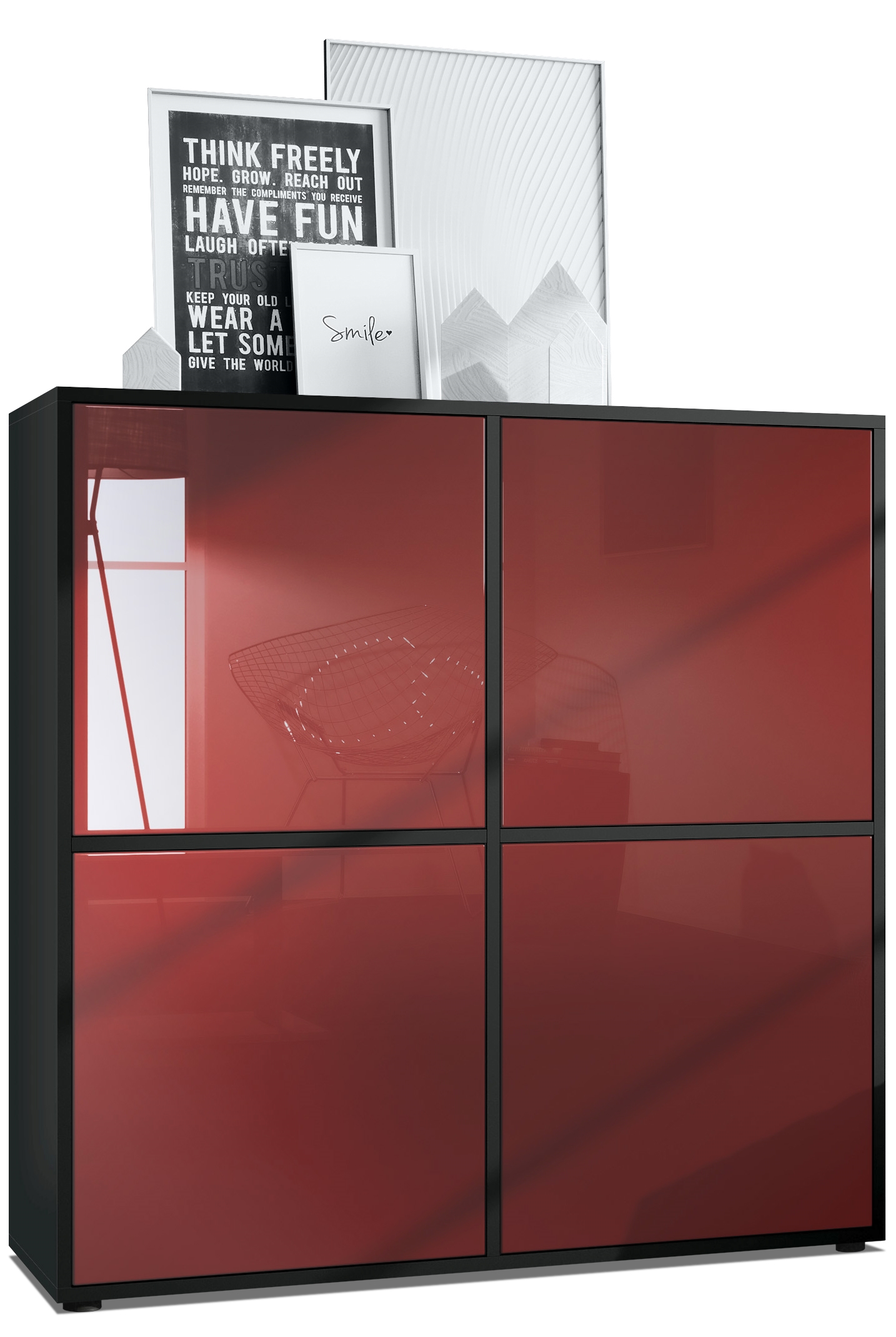 Highboard Cuba V2 Sideboard mit 4 Push-to-Open Türen, Made in Germany Schwarz matt / Bordeaux Hochglanz (104 x 105,5 x 35,5 cm)