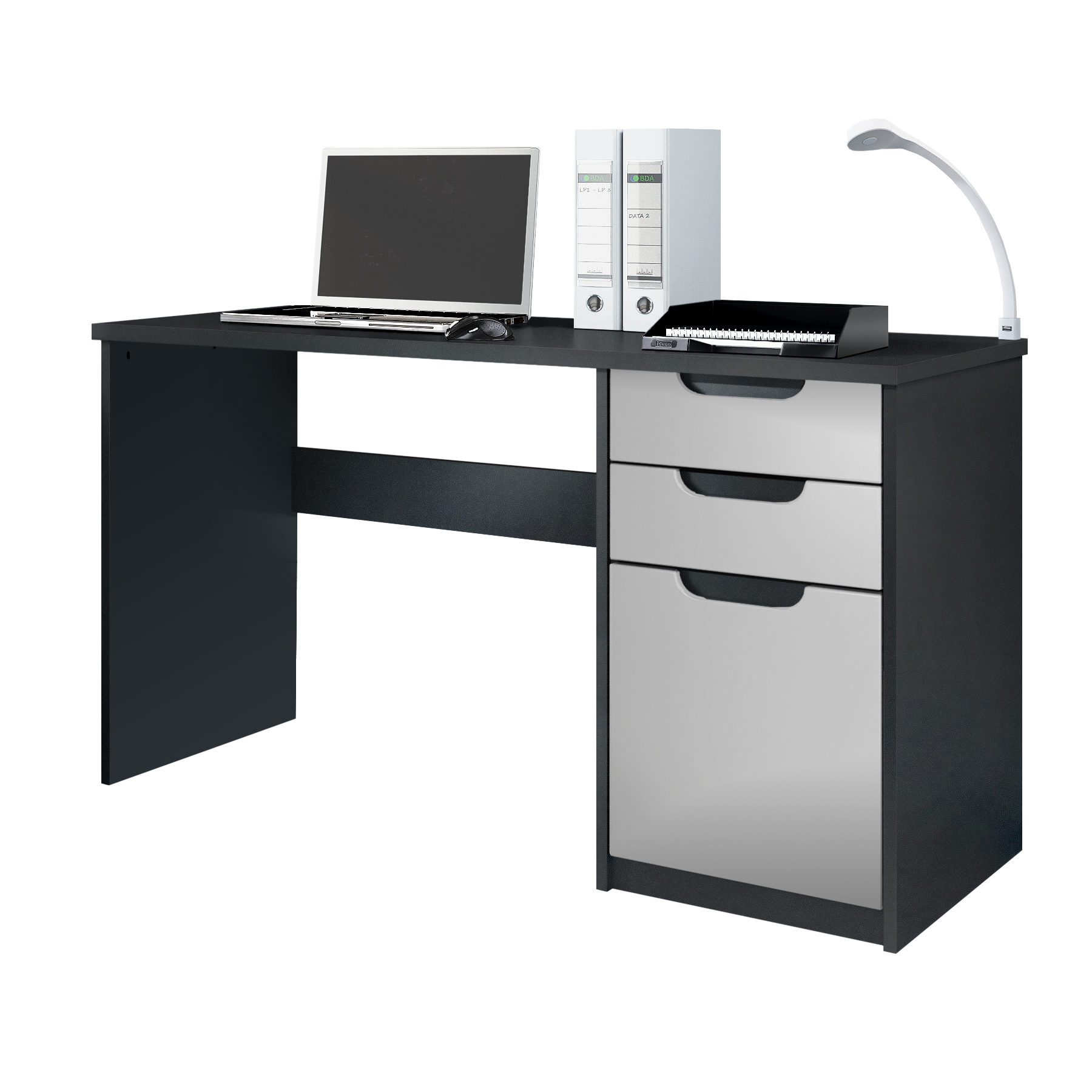 Schreibtisch Logan mit 2 Schubladen und 1 Tür Schwarz matt/Hellgrau seidenmatt (129 x 76 x 60 cm)