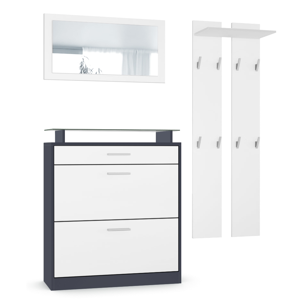 Garderobenset Loret mini 1 Wandspiegel, 2 Garderobenpaneele,  Anthrazit matt/Weiß matt (Schuhschrank 89 x 104 x 23 cm)