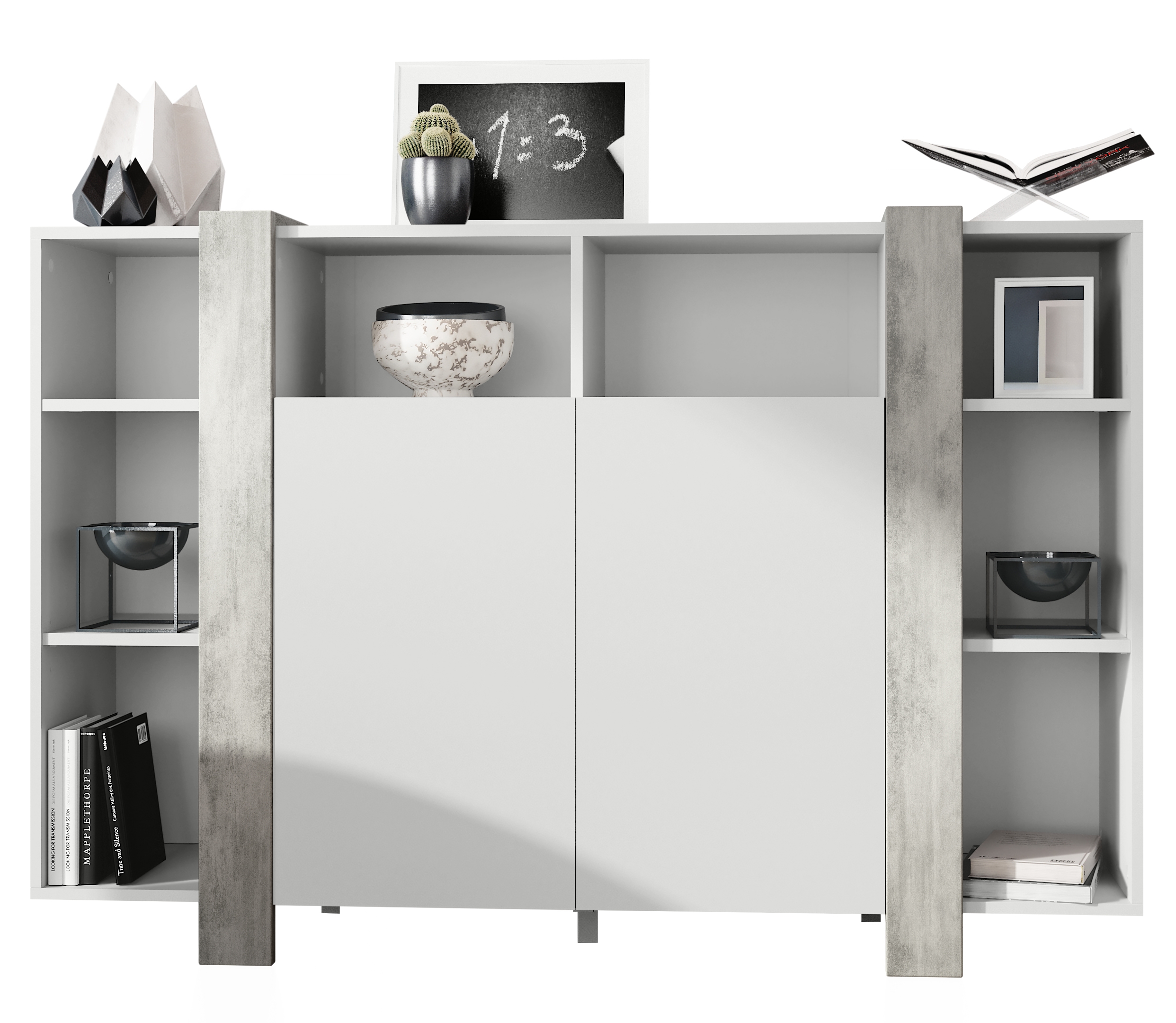 Highboard Ida V1 Weiß mit 2 Türen und 8 offene Fächer Weiß matt/Beton Oxid Optik (149 x 101 x 34 cm)