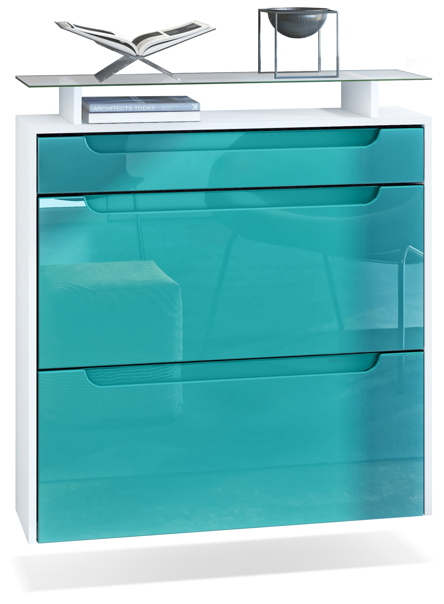 Schuhschrank Annie ​mit 2 Klappen, 1 Schublade und Glasablage Weiß matt/ Petrol, Mulden in Petrol (89x96x23 cm)