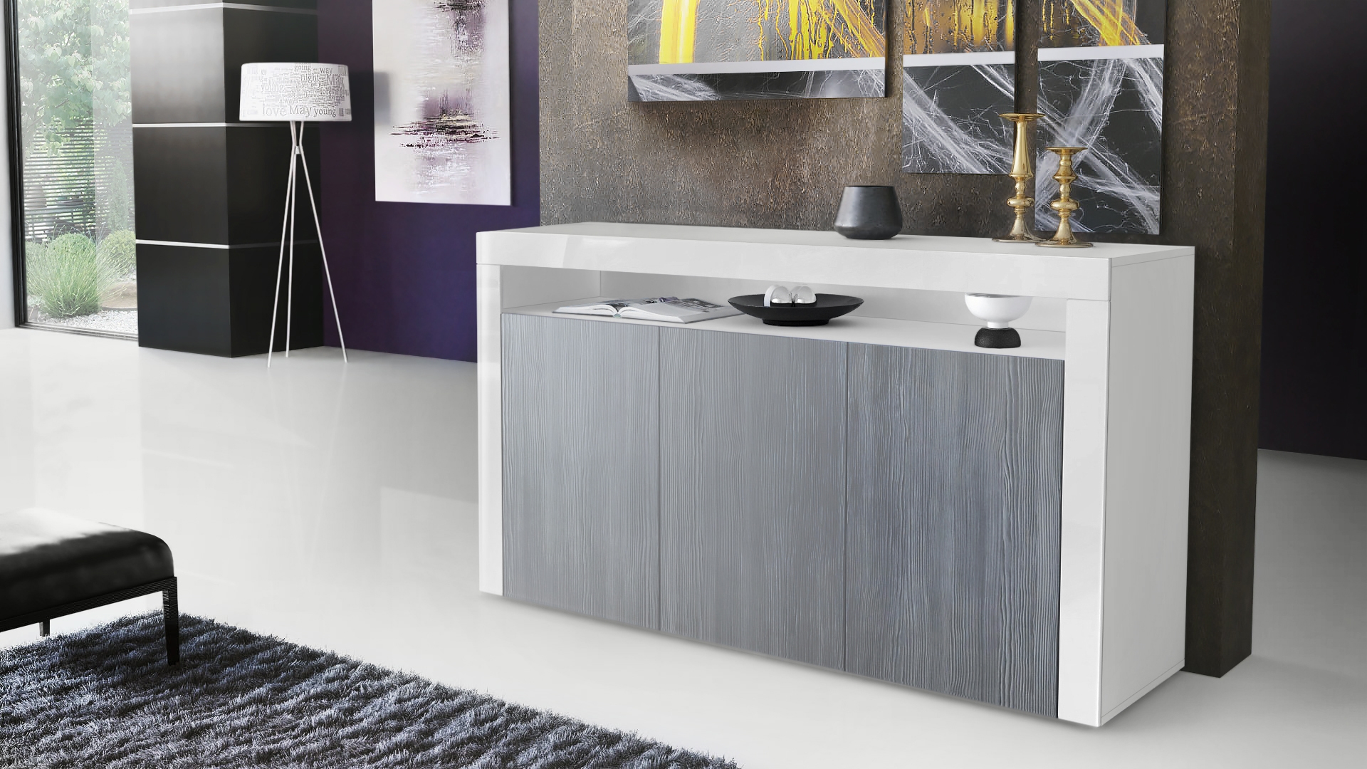 Sideboard Valencia mit 3 Türen und 1 offenem Fach Weiß matt/Avola-Anthrazit/Weiß Hochglanz (155 x 92 x 40 cm)