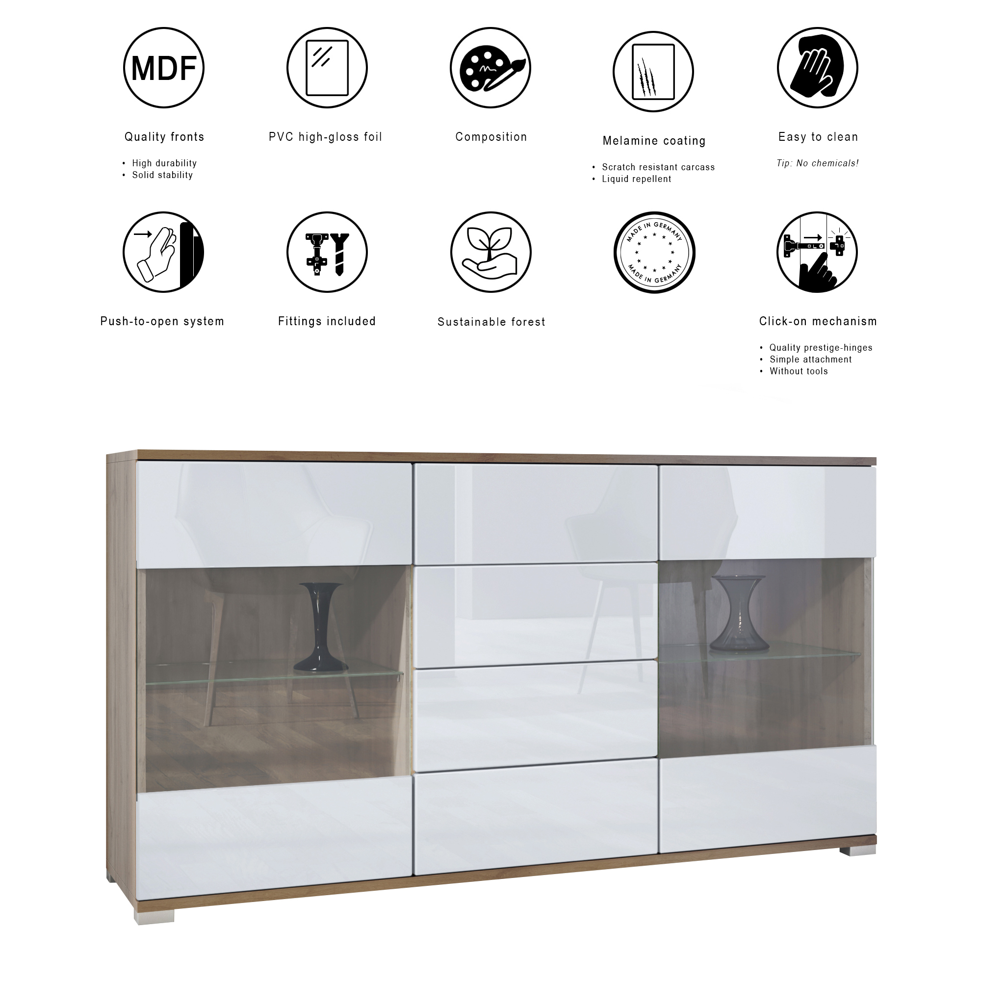 Sideboard Bari V1 Eiche Evoke 4 Schubladen und 2 flexible Glaseinlegeböden Eiche Evoke/Sandgrau Hochglanz (138,5 x 75,5 x 35)