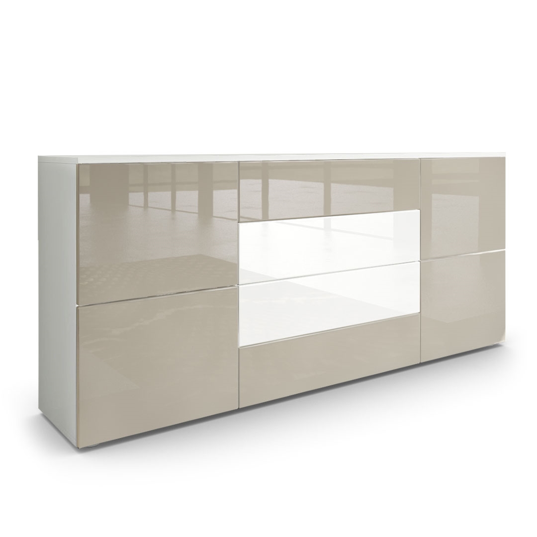 Sideboard Rova mit 4 Türen und 4 Schubladen Weiß matt/Sandgrau Hochglanz/Weiß Hochglanz (166 x 72 x 35 cm)