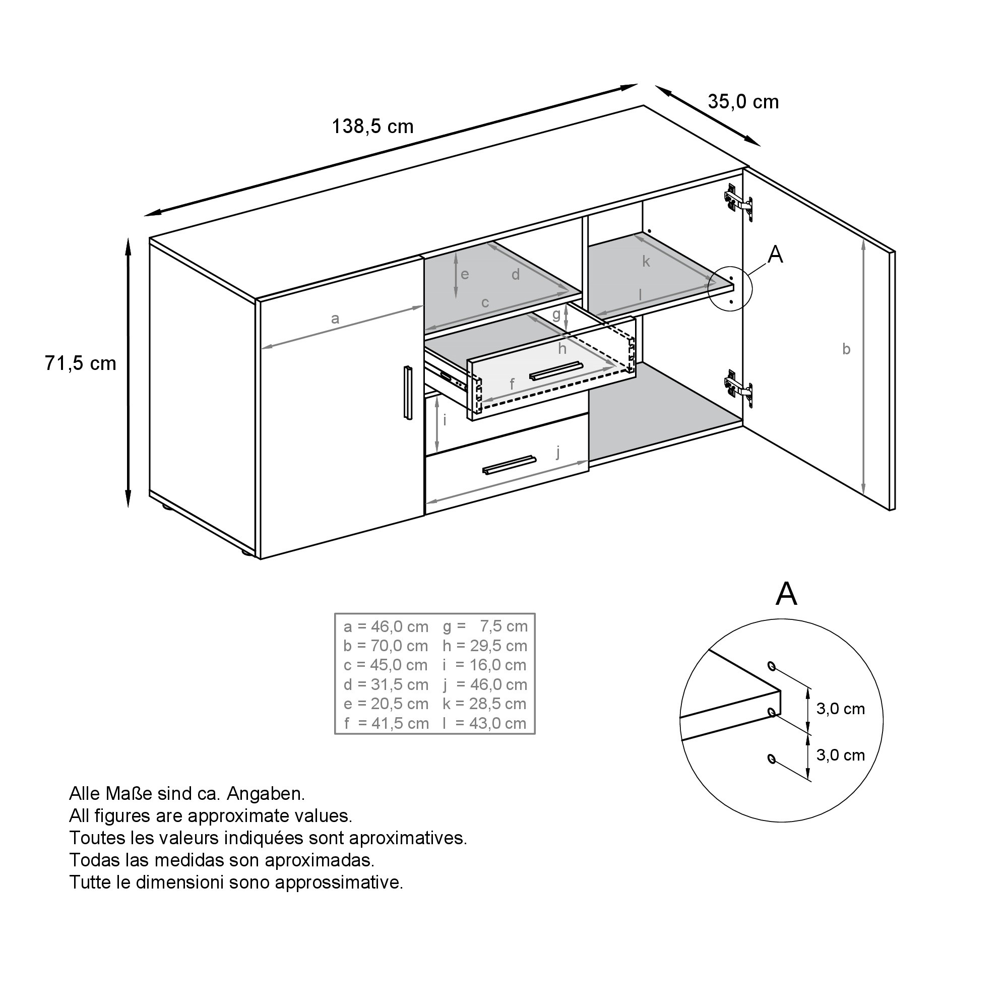 Sideboard Skadu  mit 2 Türen, 3 Schubladen und 1 offenem Fach Schwarz matt/Avola-Anthrazit (138,5 x 71,5 x 35 cm)