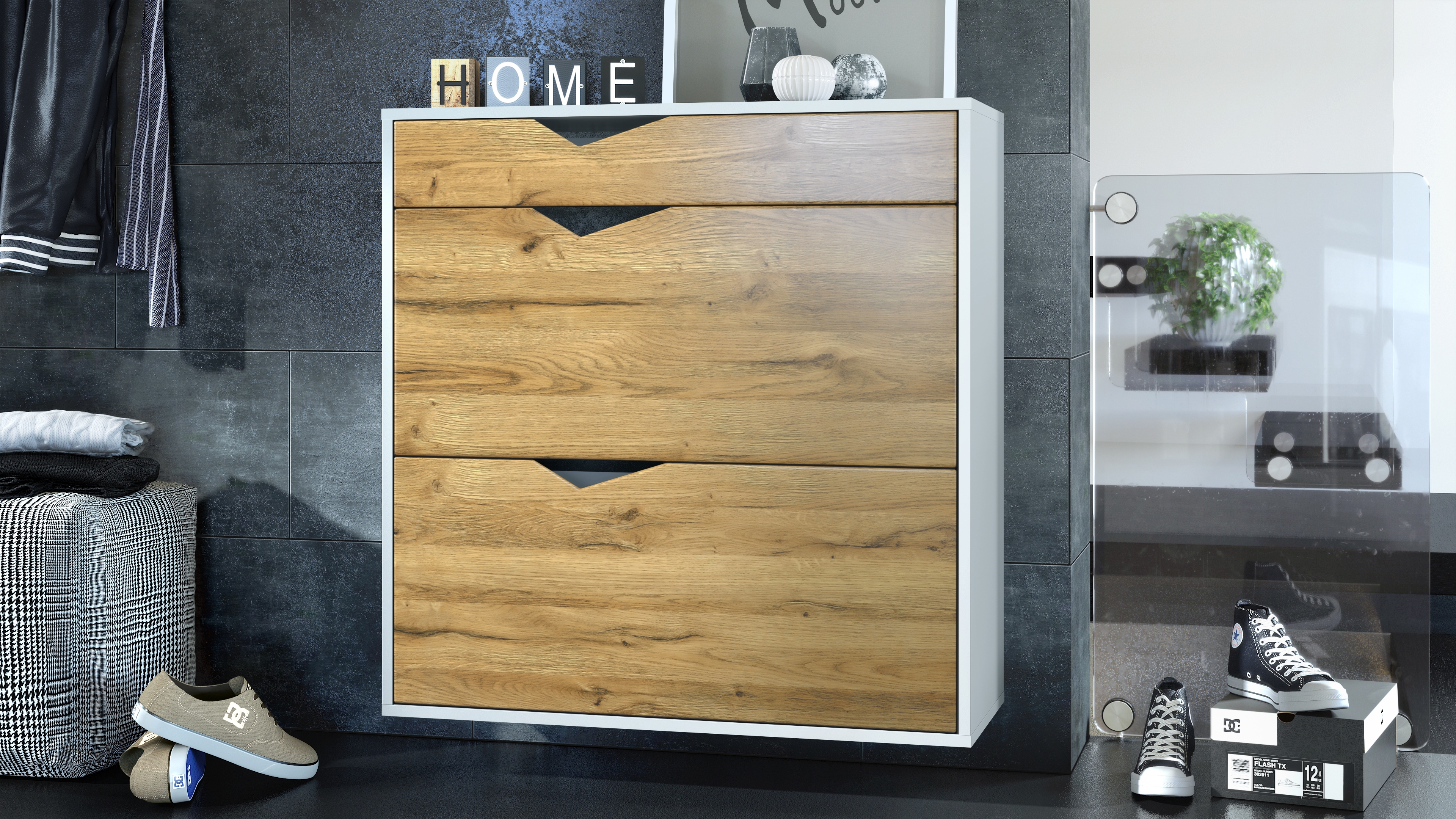 Schuhschrank Kolmio  für 16 Paar Schuhe mit 2 Klappen und Schublade Weiß matt/Eiche Natur (85 x 87 x 33 cm)