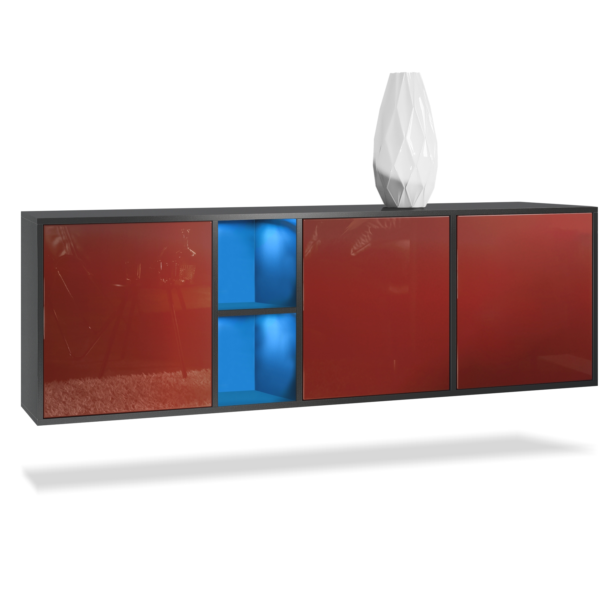 Sideboard Cuba  mit 3 Türen und 2 offene Fächer Schwarz matt/Brodeaux Hochglanz inkl. LED-Beleuchtung (182x53x35 cm)