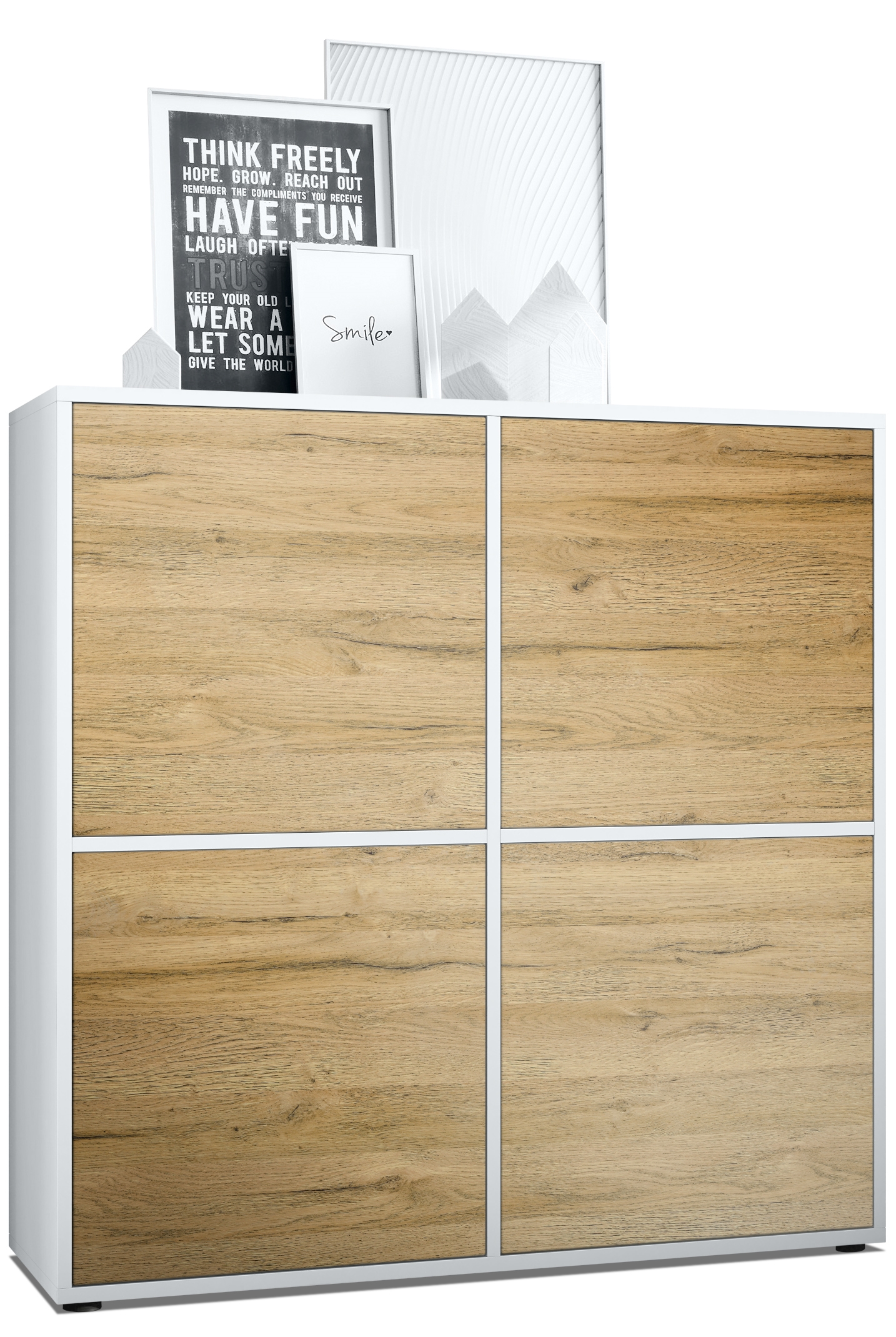 Highboard Cuba V2 Sideboard mit 4 Türen Push-to-Open, Made in Germany Weiß matt / Eiche Natur (104 x 105,5 x 35,5 cm)