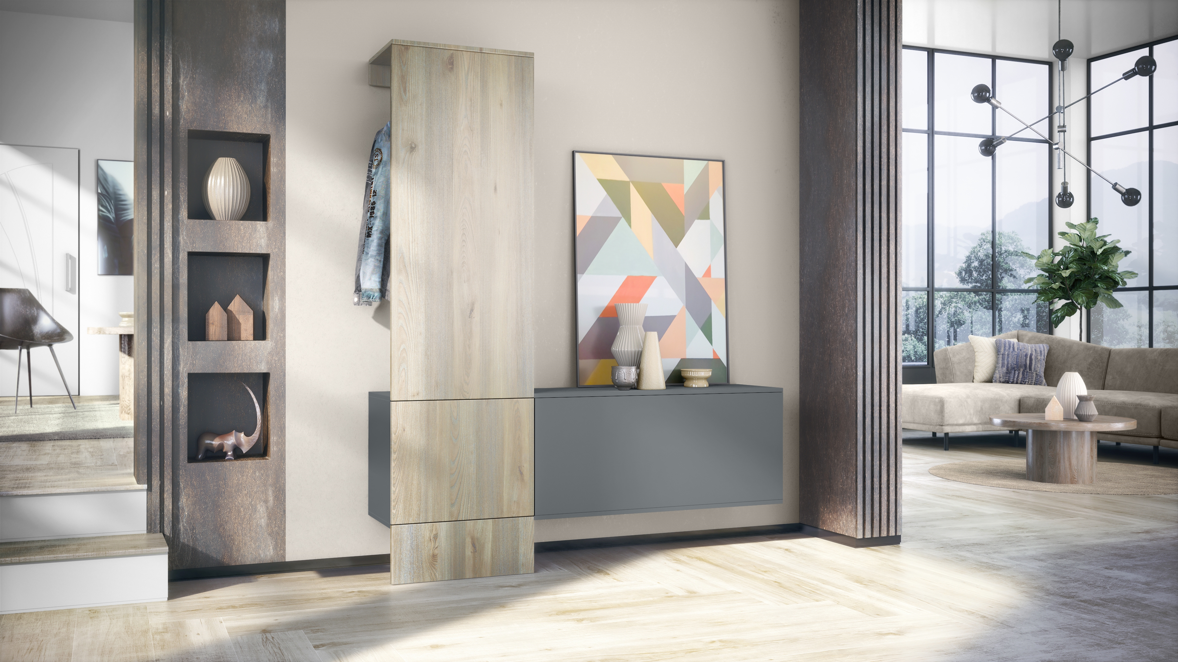 Garderobe Carlton Set 4 Anthrazit 3-tlg. 1 Paneel und 1 Schrankmodul Anthrazit matt/Eiche Nordic (156,5 x 193 x 35 cm)