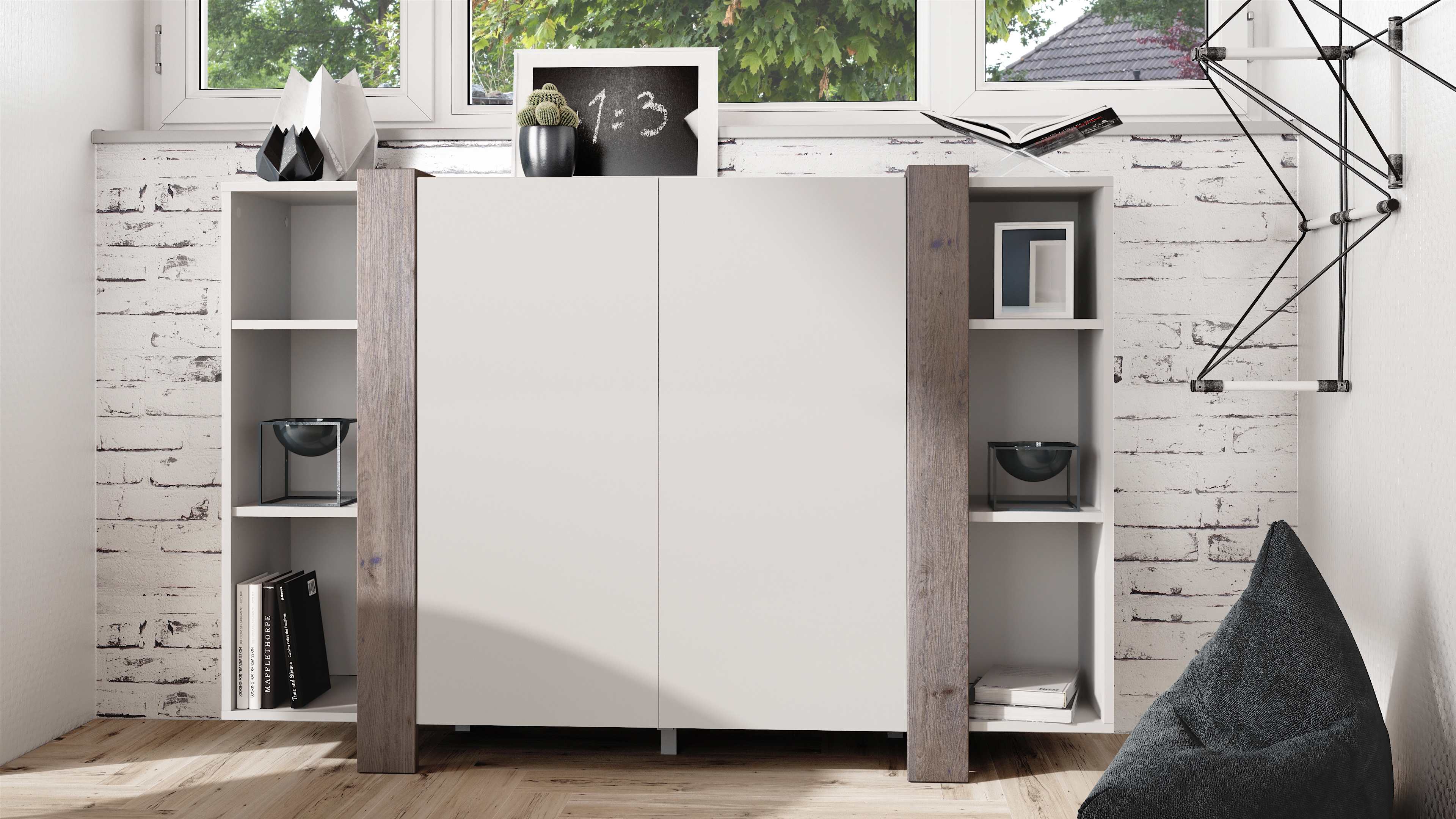 Highboard Ida V2 Weiß mit 2 Türen und 6 offene Fächer Weiß matt/Eiche Nordic (149 x 101 x 34 cm)