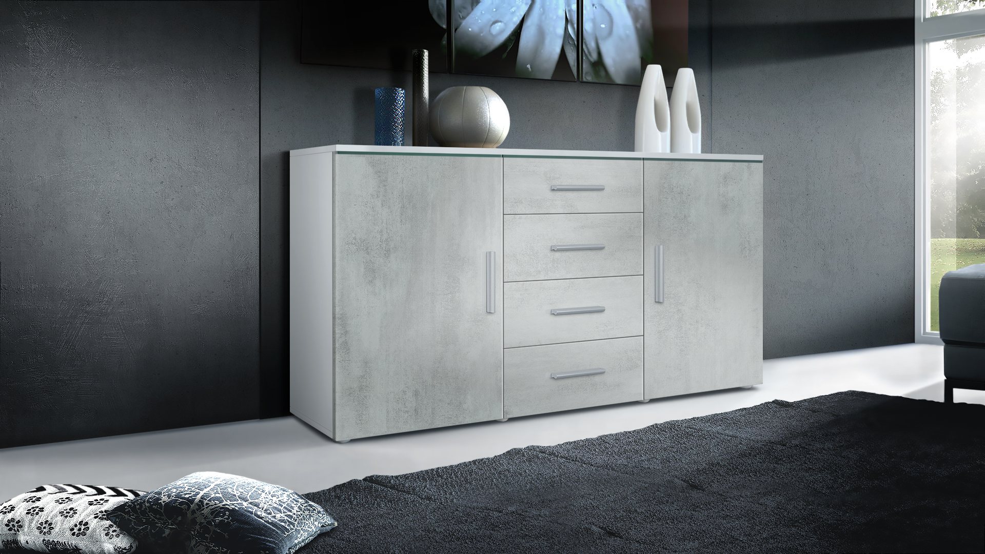 Sideboard Faro mit 2 Türen und 4 Schubladen Weiß matt/Beton Oxid Optik (139 x 72 x 35)