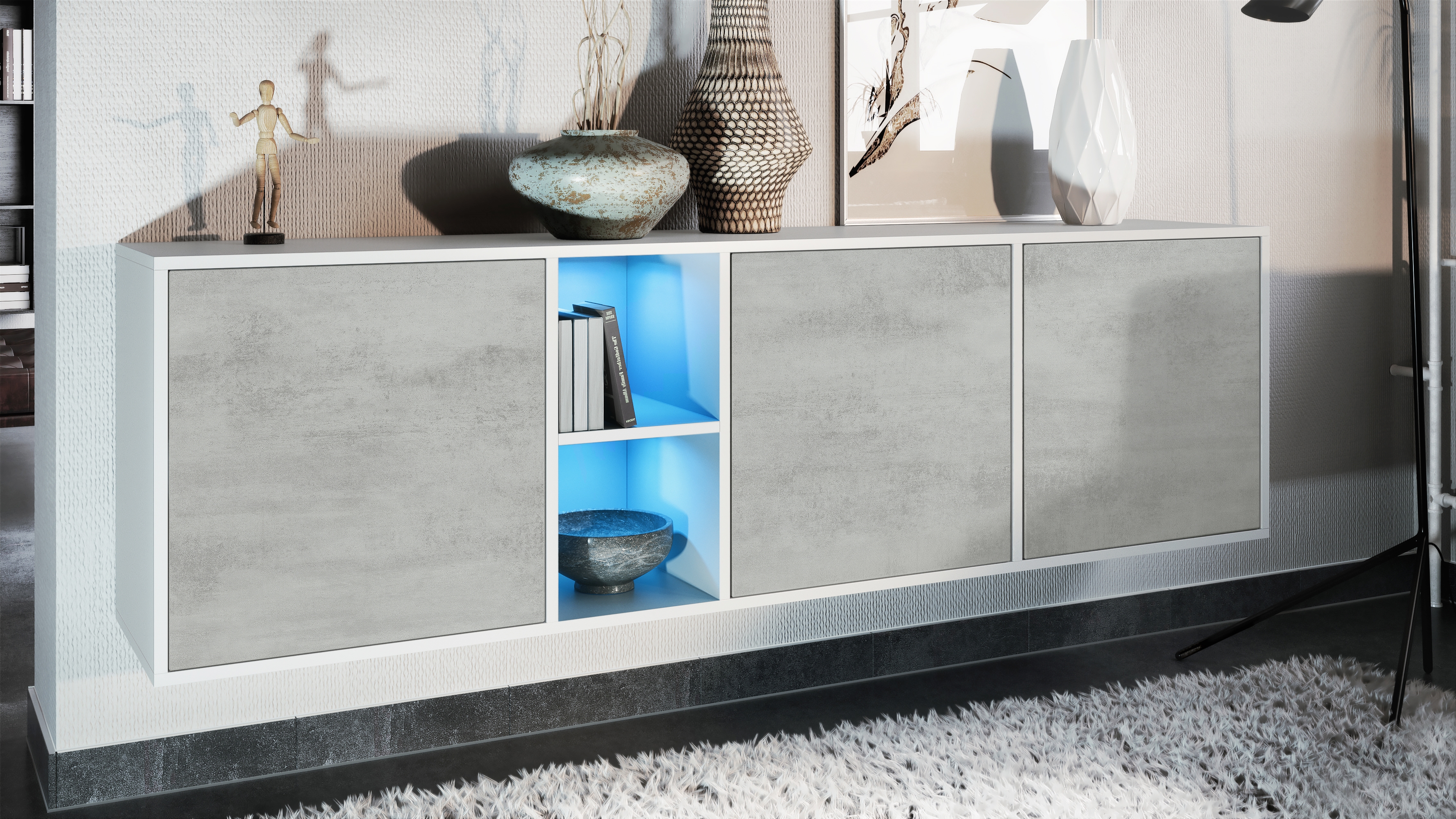 Sideboard Cuba  mit 3 Türen und 2 offene Fächer Weiß matt/Beton Oxid Optik inkl. LED-Beleuchtung (182 x 53 x 35 cm)